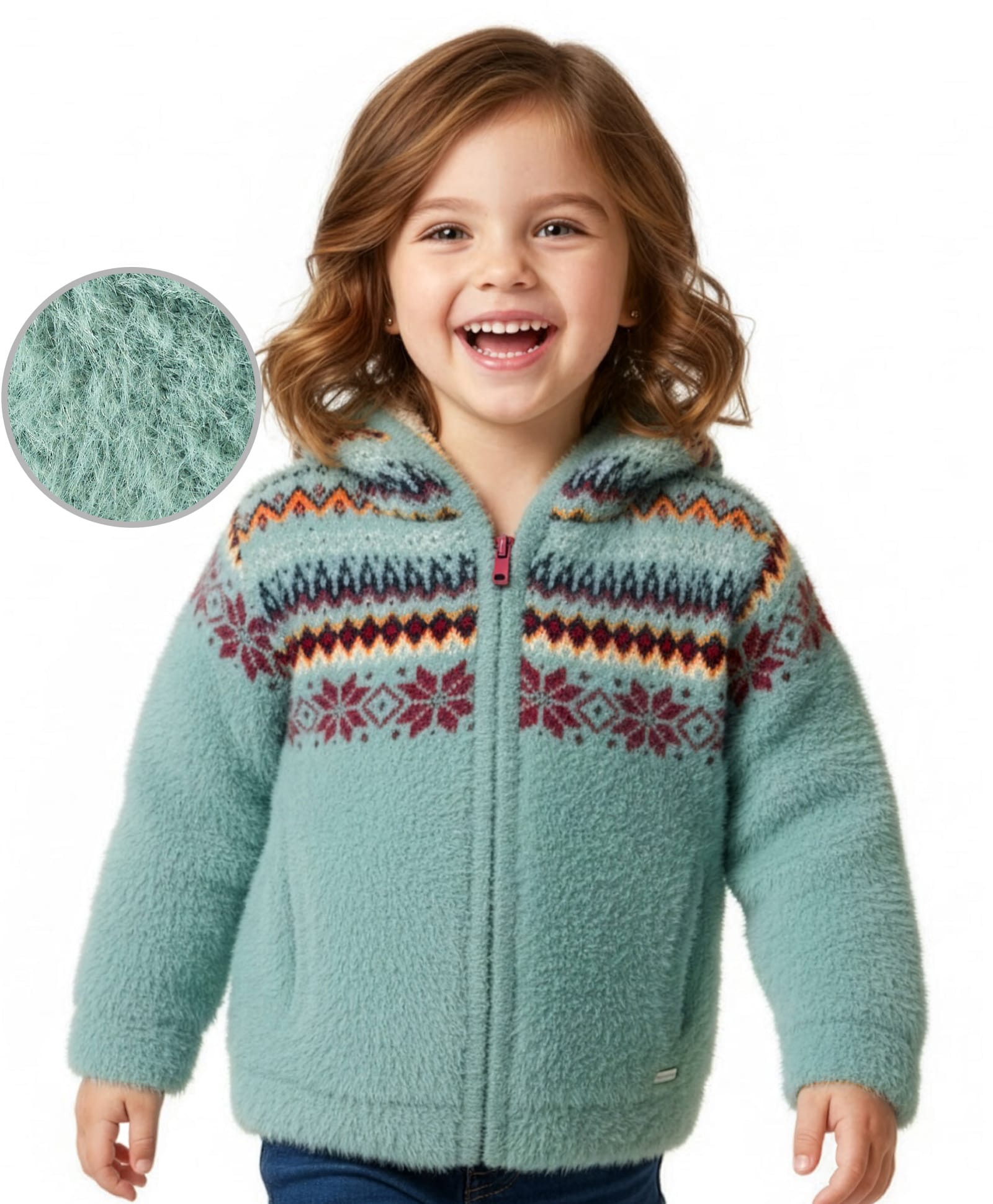 Yellow Apple Knitted Full Sleeves Hooded Front Open Sweater With Floral Design - Mint-picture-11