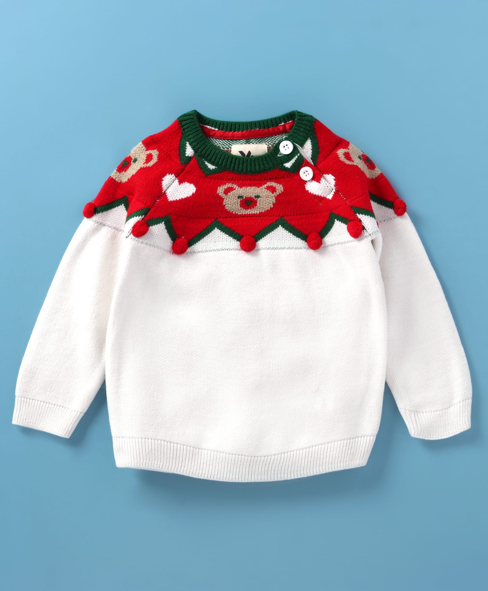 Yellow Apple Viscose Knit Full Raglan Sleeves Pullover Sweater with Heart & Bear Design - White-picture-24