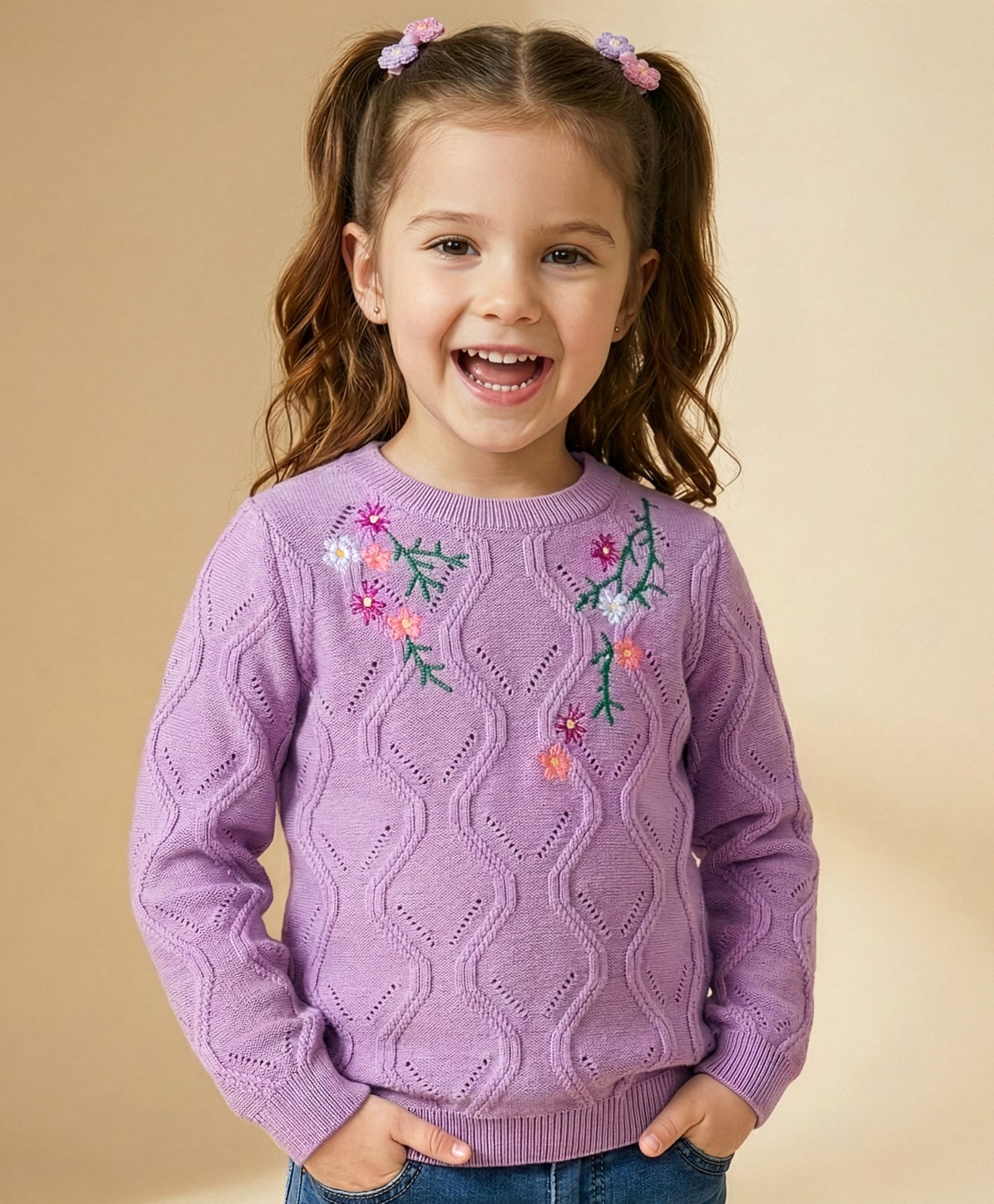 Yellow Apple Viscose Knit Full Sleeves Pullover Sweater with Floral Embroidery - Lilac-picture-23