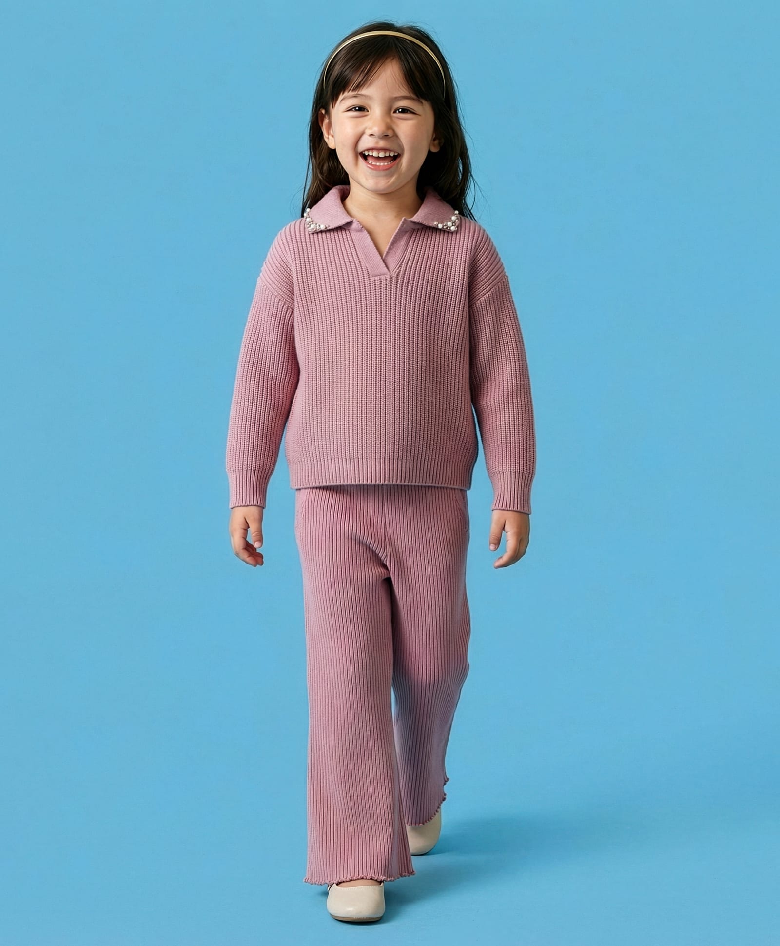 Yellow Apple Knit Full Sleeves Solid Co-Ord Sweatshirt & Lounge Pant Set with Pearl Applique - Rose Gold-picture-14