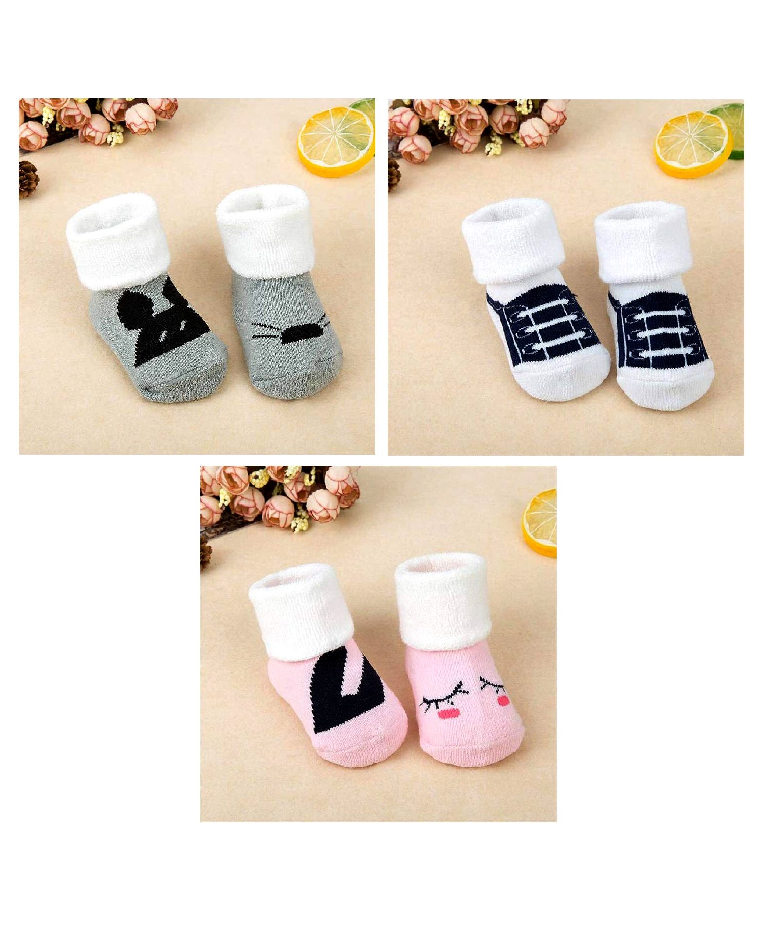 Syga Ankle Length Warm Socks Multi Design Pack of 3 - Pink Yellow Red-image-4