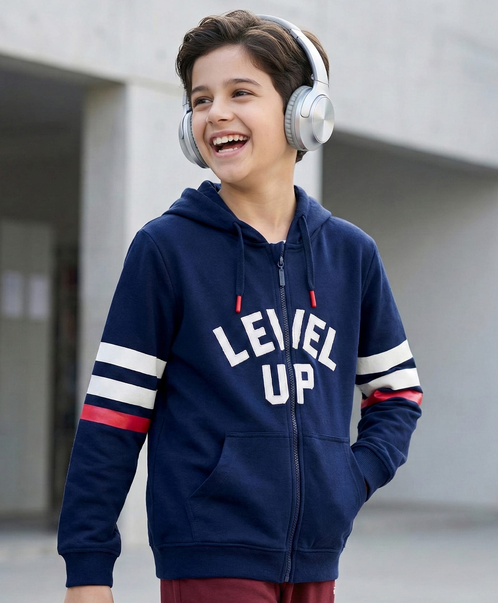 Pine Kids Cotton Knit Full Sleeves Hooded Sweatshirt with Text Patch Detailing - Navy Blue-picture-40
