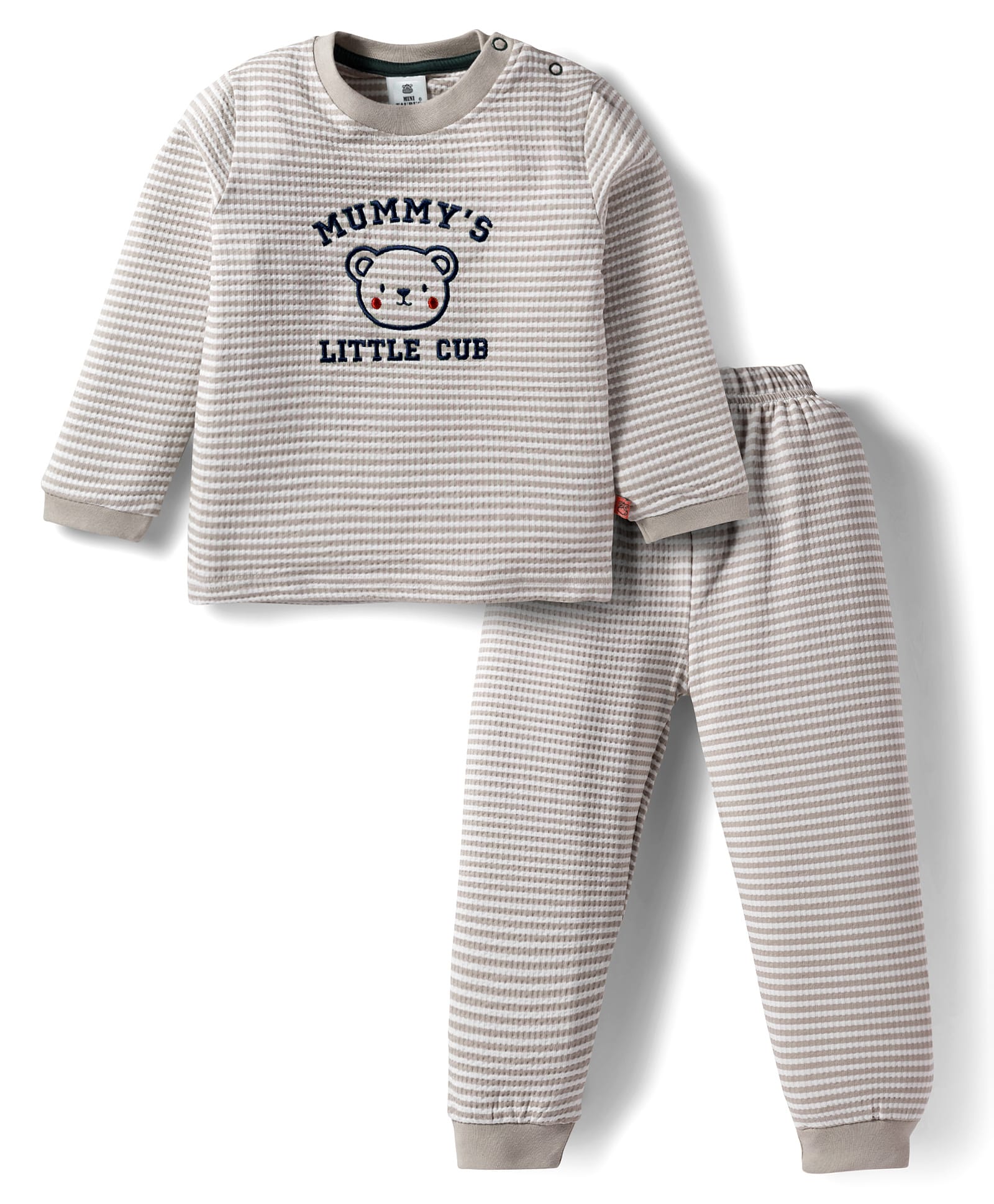Mini Taurus Waffle Knit Full Sleeves T-Shirt & Lounge Pant Set With Text Embriodery & Stripes - Grey-picture-10