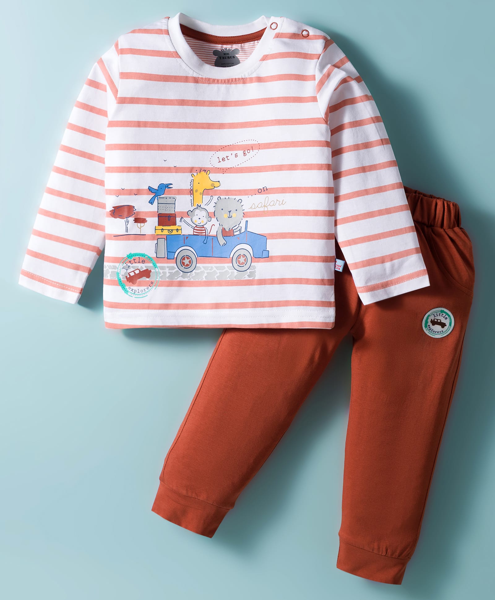 Mini Taurus Sinker Knit Full Sleeves T-Shirt & Lounge Pant Set With Animal & Vehicle Print - Rust Orange-picture-20