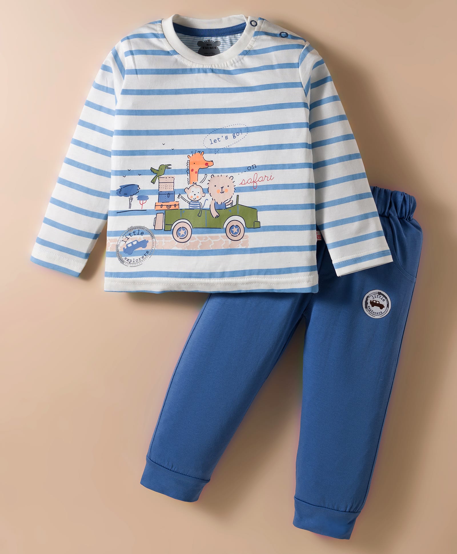 Mini Taurus Sinker Knit Full Sleeves T-Shirt & Lounge Pant Set With Animal & Vehicle Print - Blue-picture-26