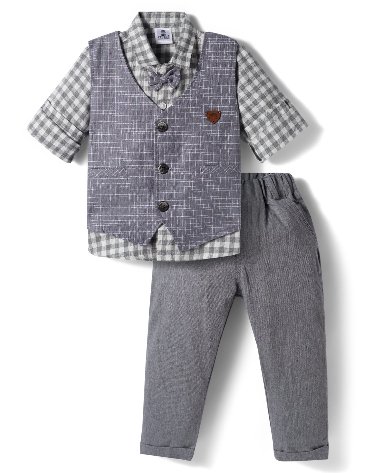 Mini Taurus Cotton Knit Full Sleeves Checks 3 Piece Party Suit with Attached Bow - Grey-picture-10