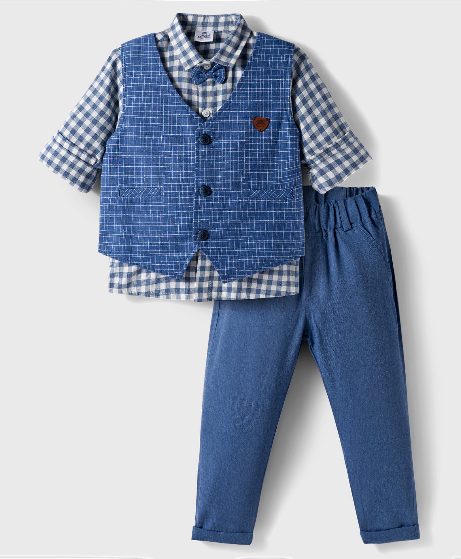 Mini Taurus Cotton Knit Full Sleeves Checks 3 Piece Party Suit with Attached Bow - Blue-picture-20