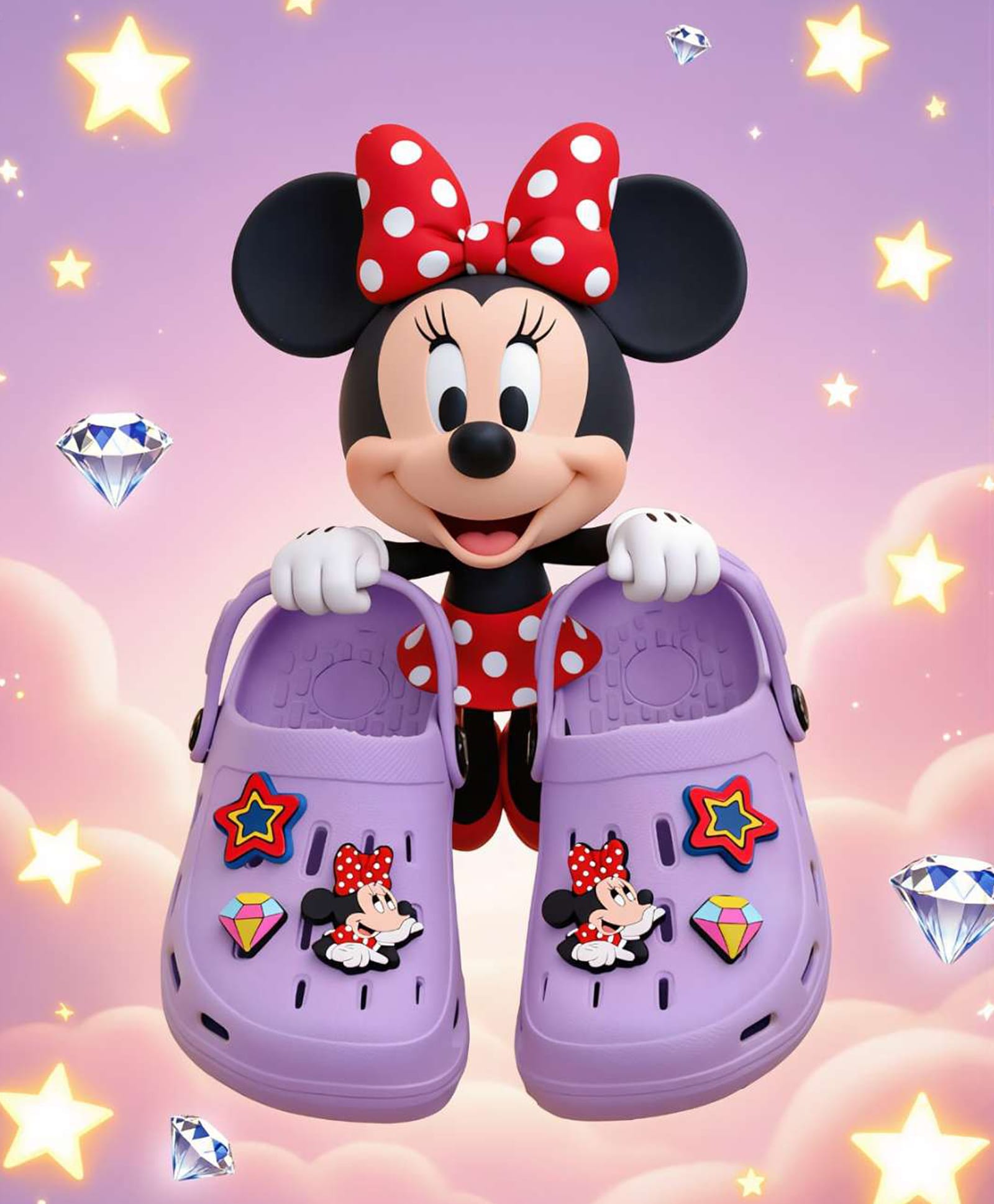 Yellow Bee Disney Solid Perforated Clogs With Minnie Mouse Charms - Purple-picture-0