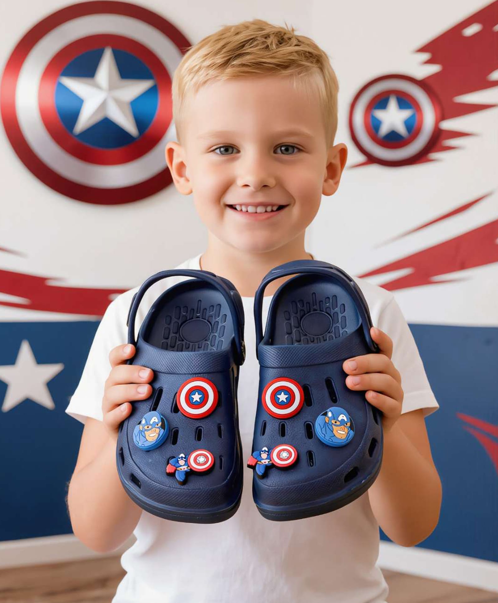 Yellow Bee Marvel Solid Perforated Clogs With Avengers Featuring Captaine America Charms - Navy Blue-image-35