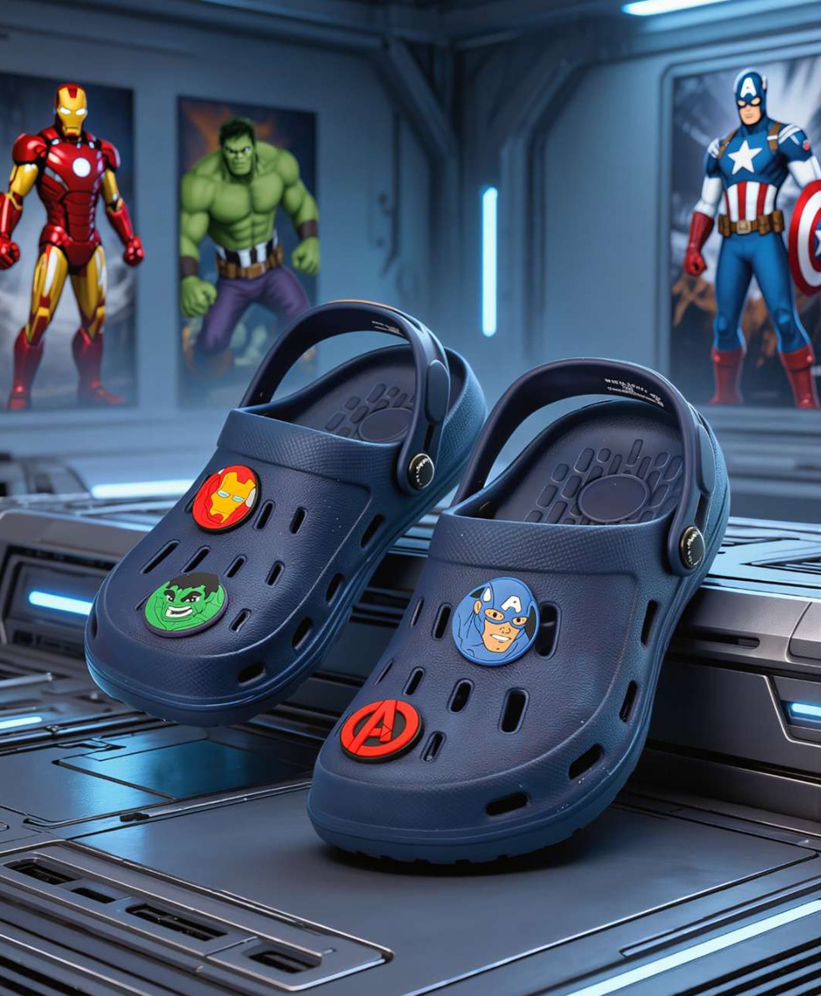 Yellow Bee Marvel Solid Perforated Clogs With Avengers Featuring Character Charms - Navy Blue-picture-15