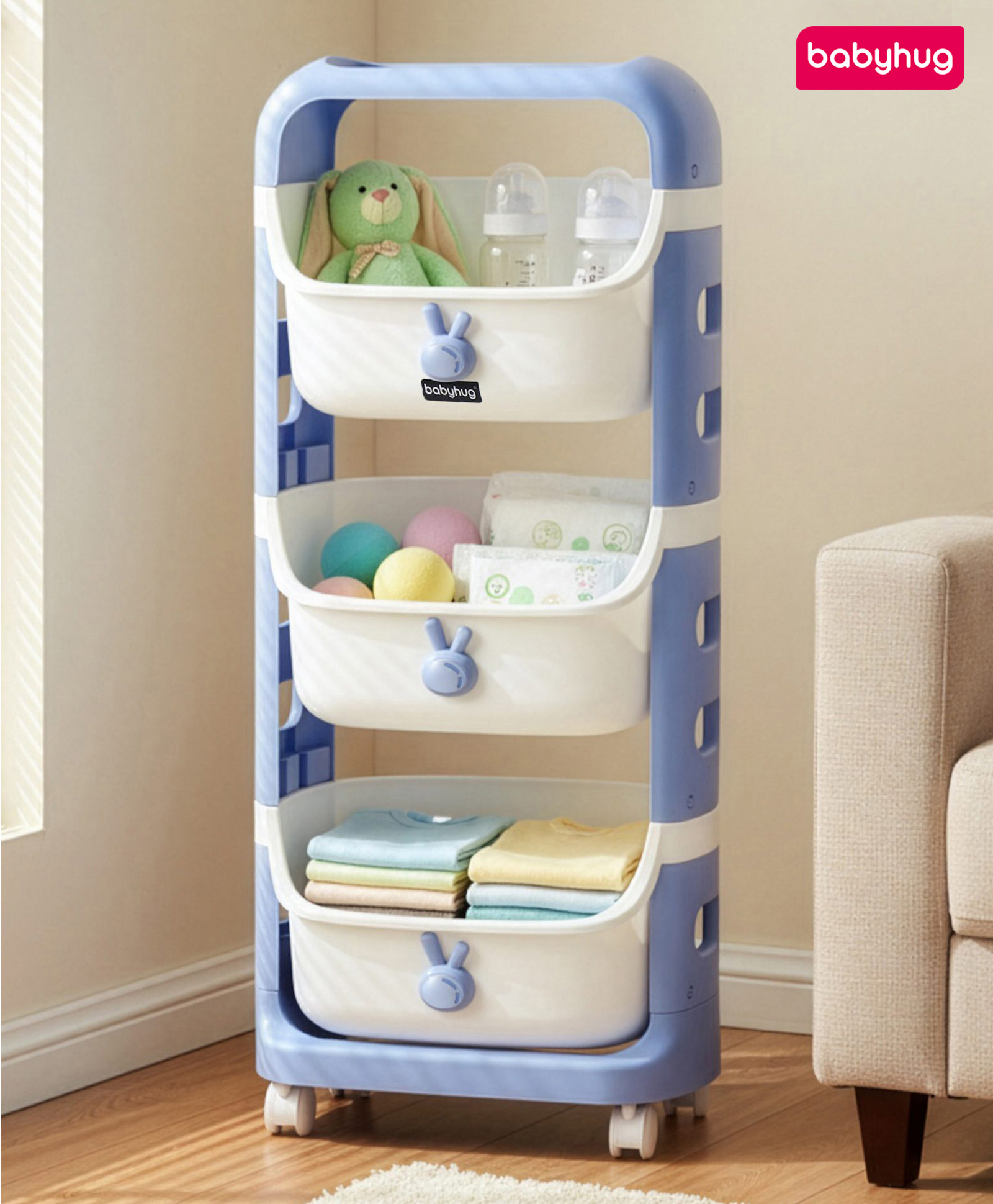 Babyhug 3 Layer Storage Organiser with Rabbit Face - Blue| Detachable Baskets| Wheels with Lock| Plug N Play Assembly| Stationery, Toys & Clothes Storage| Rounded Edges