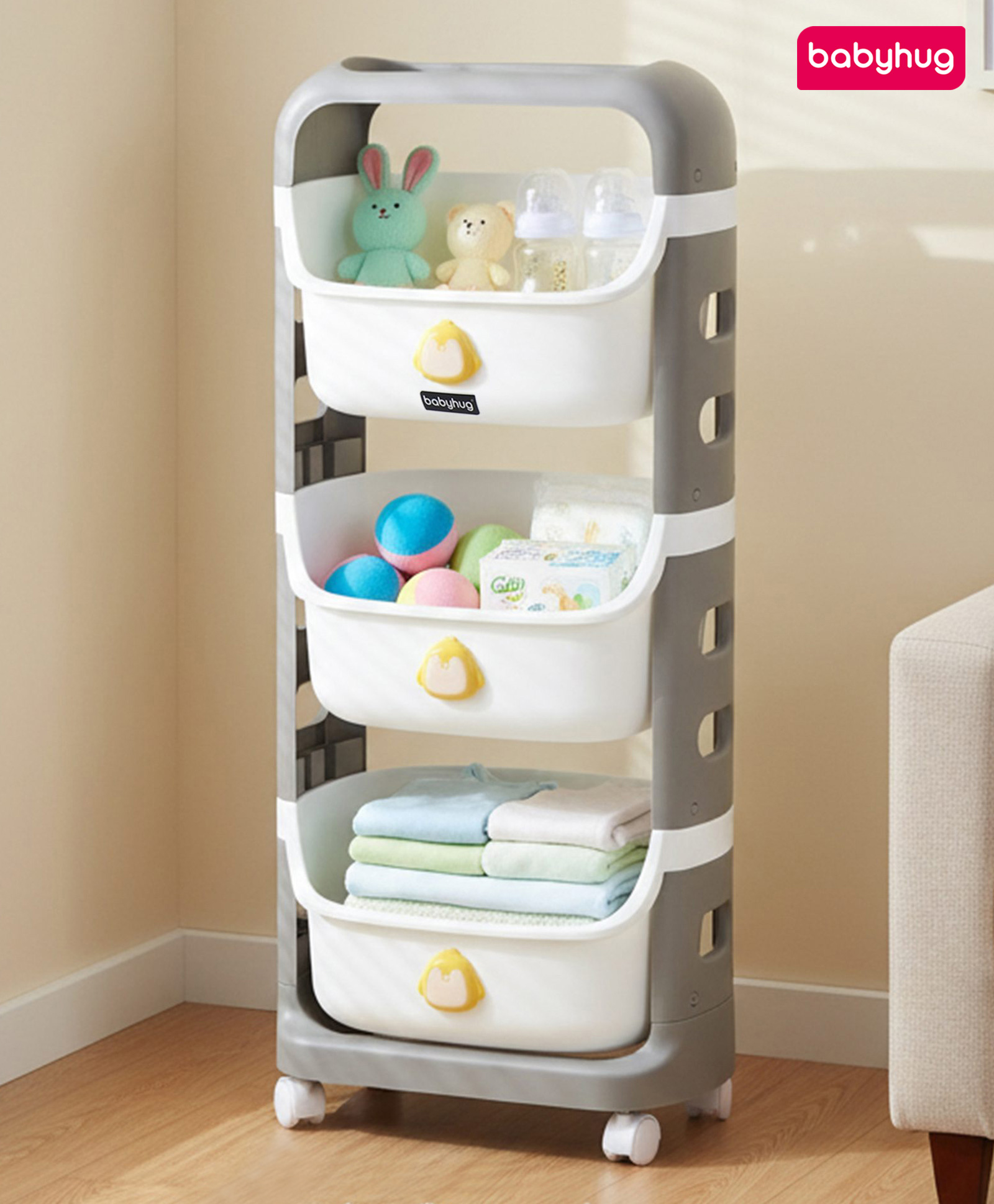 Babyhug 3 Layer Storage Organiser with Penguin Face - Grey| Detachable Baskets| Wheels with Lock| Plug N Play Assembly| Stationery, Toys & Clothes Storage| Rounded Edges-image-33