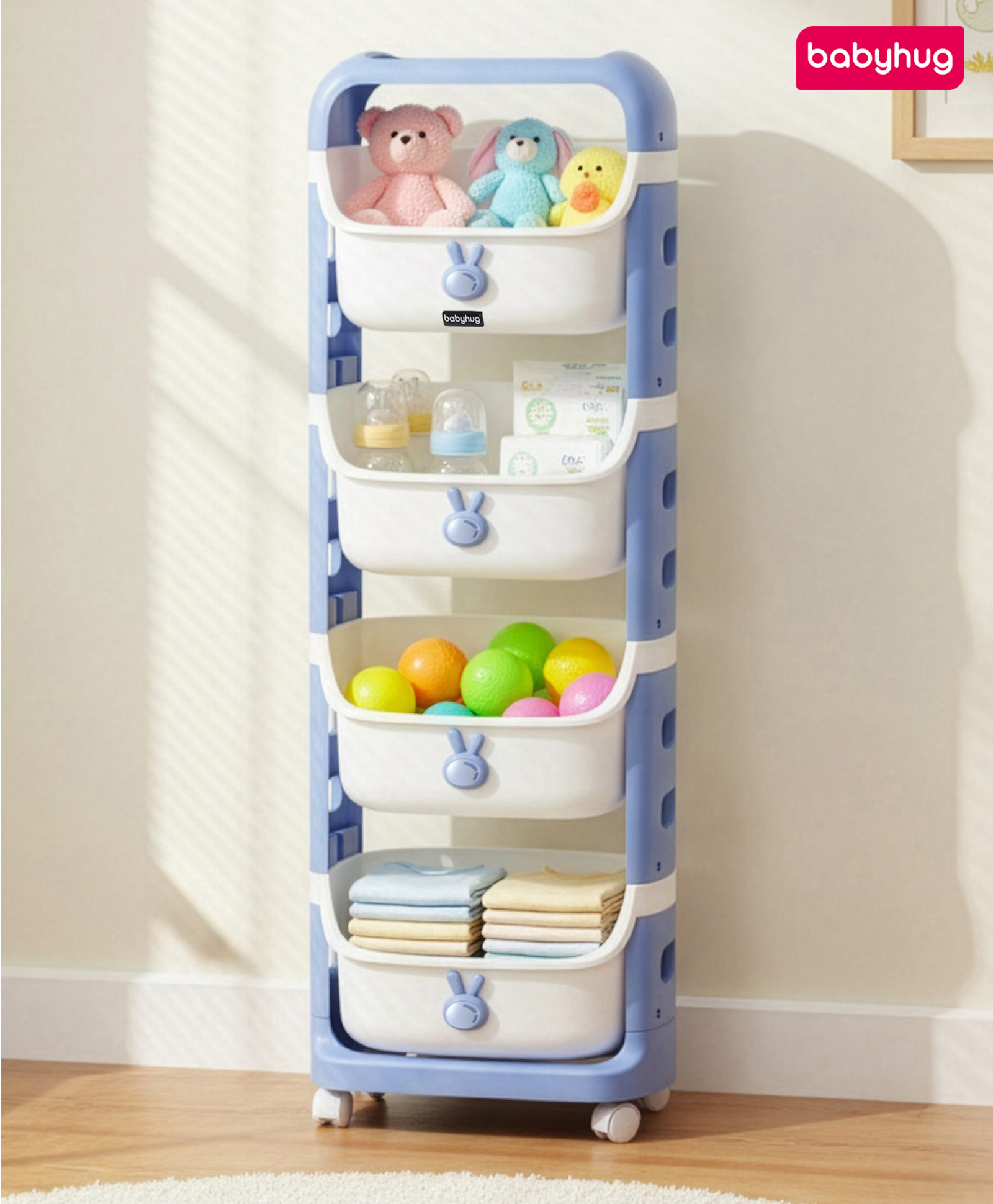 Babyhug 4 Layer Storage Organiser with Rabbit Face - Blue| Detachable Baskets| Wheels with Lock| Plug N Play Assembly| Stationery, Toys & Clothes Storage| Rounded Edges-image-37