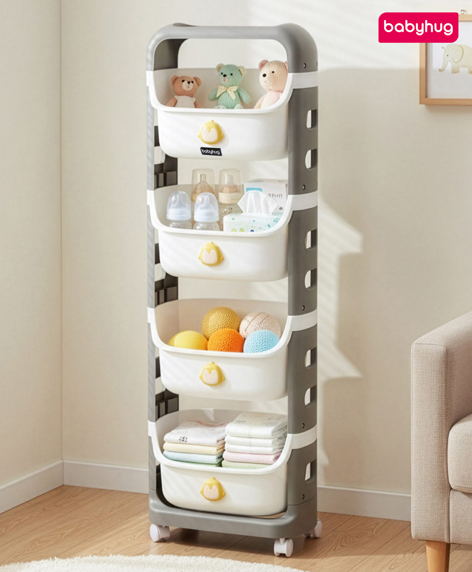 Babyhug 4 Layer Storage Organiser with Penguin Face - Grey| Detachable Baskets| Wheels with Lock| Plug N Play Assembly| Stationery, Toys & Clothes Storage| Rounded Edges