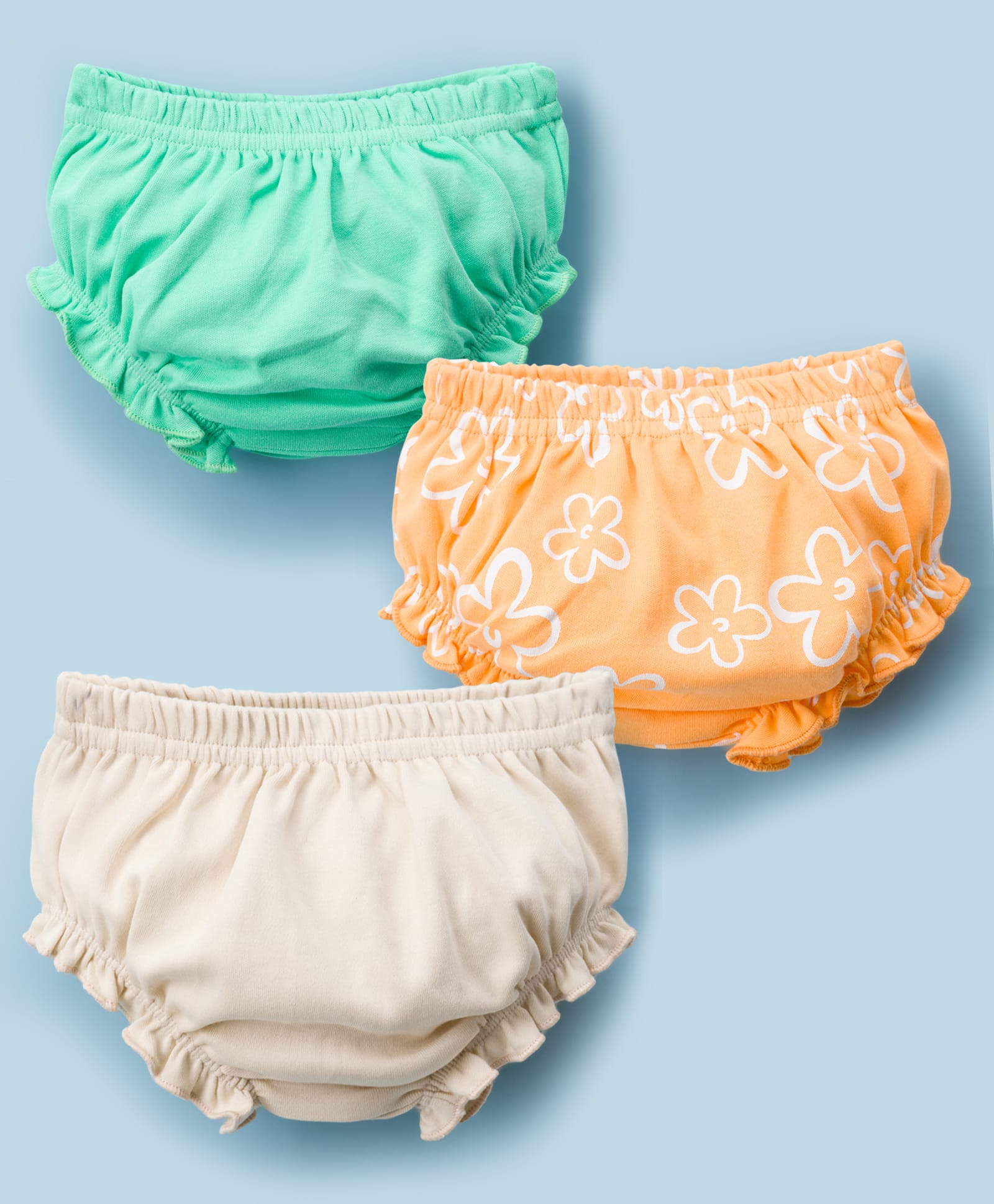 kookie kids india Kookie Kids Interlock Knit Bloomers With Floral Print Pack of 3 - Orange Cream & Green-picture-20