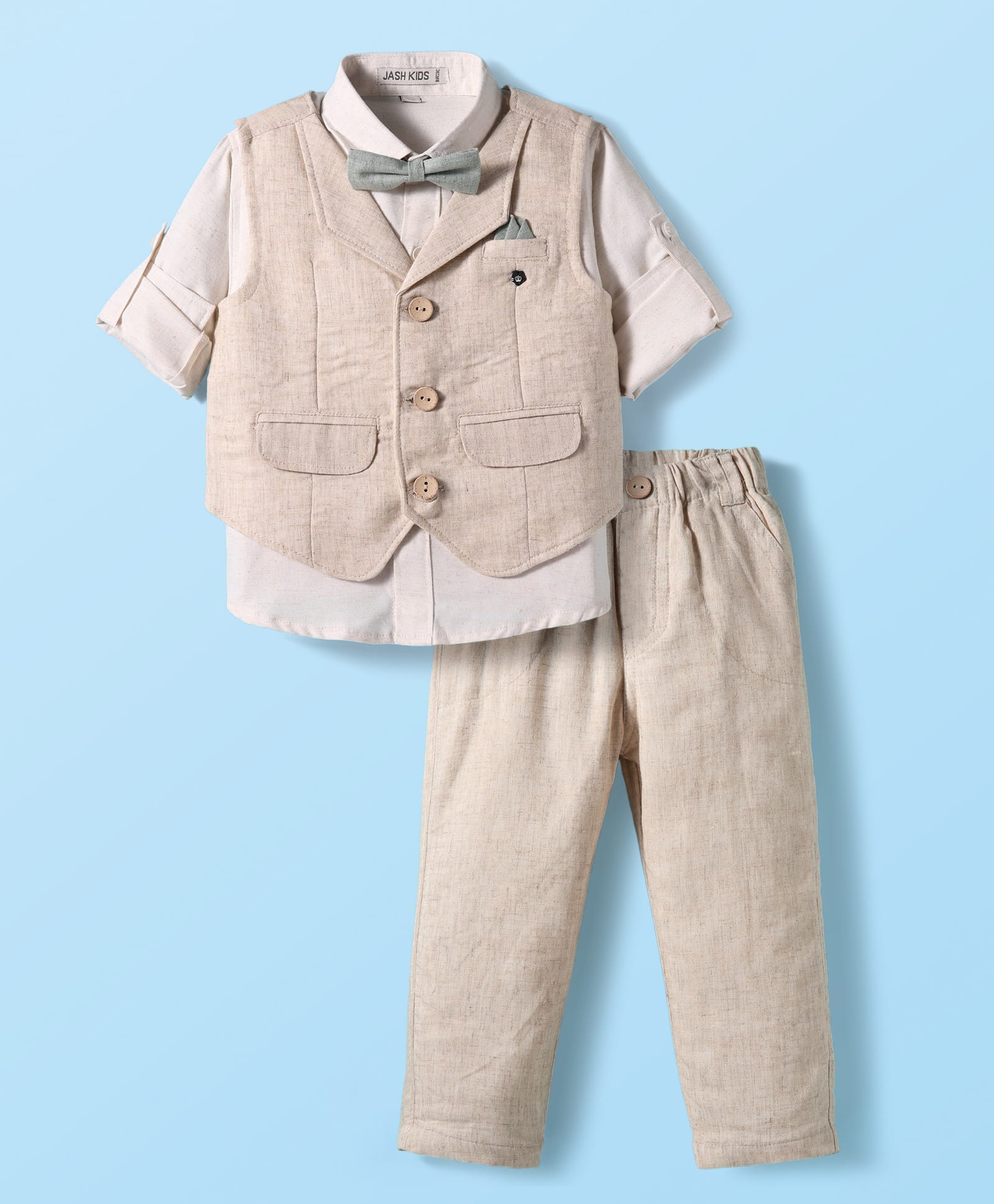 JASH KIDS Linen Woven Full Sleeves Solid 3 Piece Party Suit With Bow Applique - Beige-picture-10