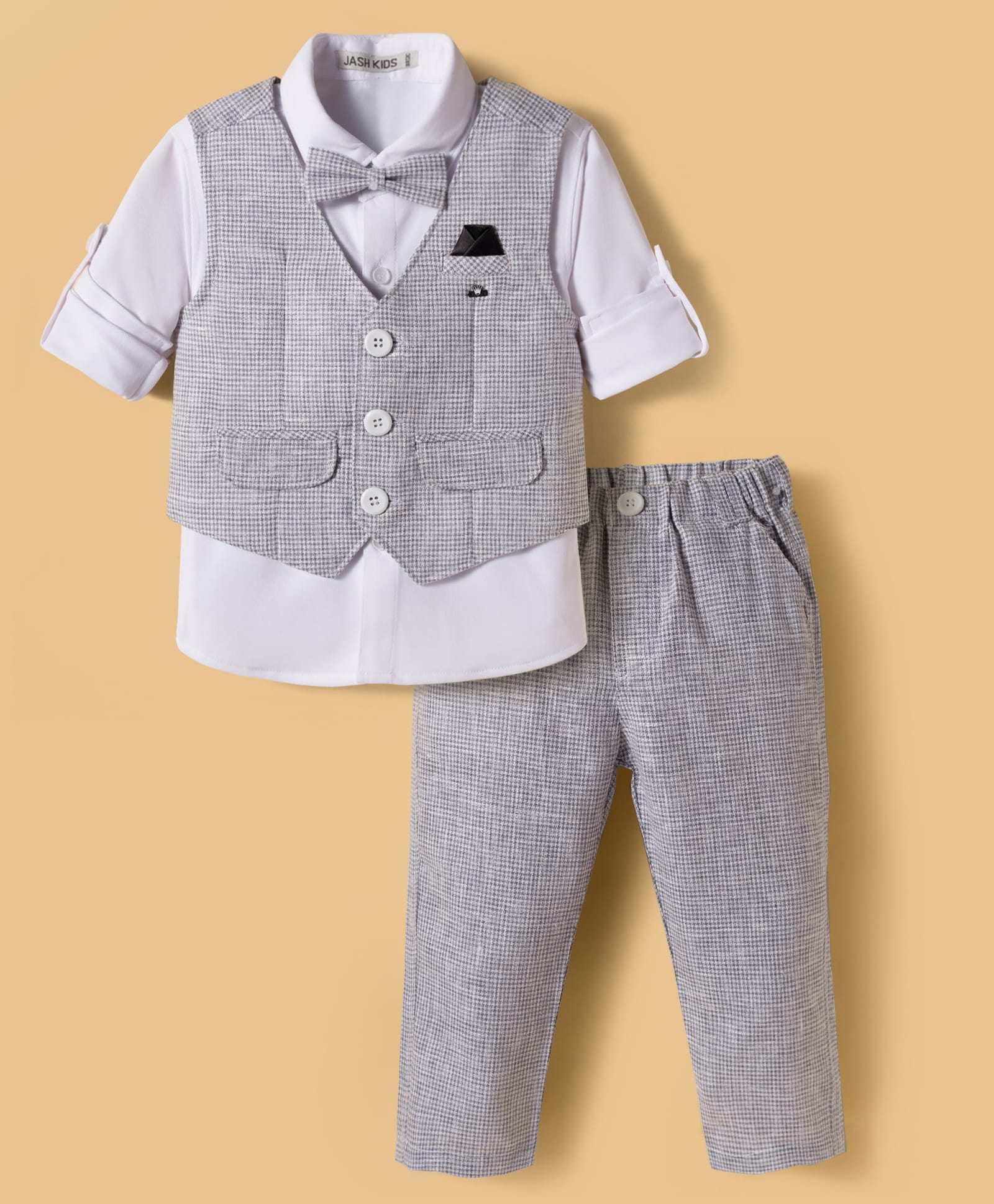 JASH KIDS Linen Woven Full Sleeves Solid Color 3 Piece Party Suit with Bow - Grey-picture-12