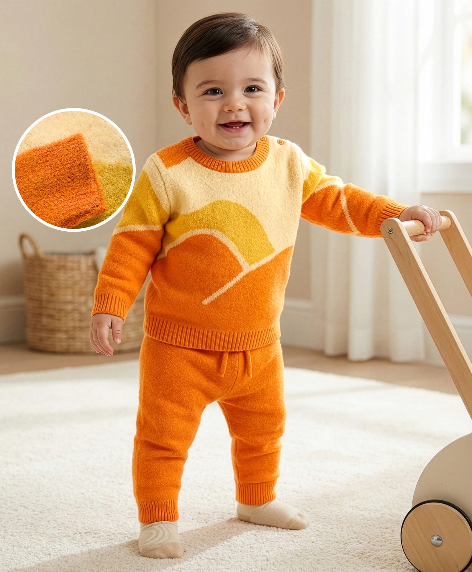 Babyoye Jacquard Knit Full Sleeves Pullover Sweater Set with Color Block Design - Orange