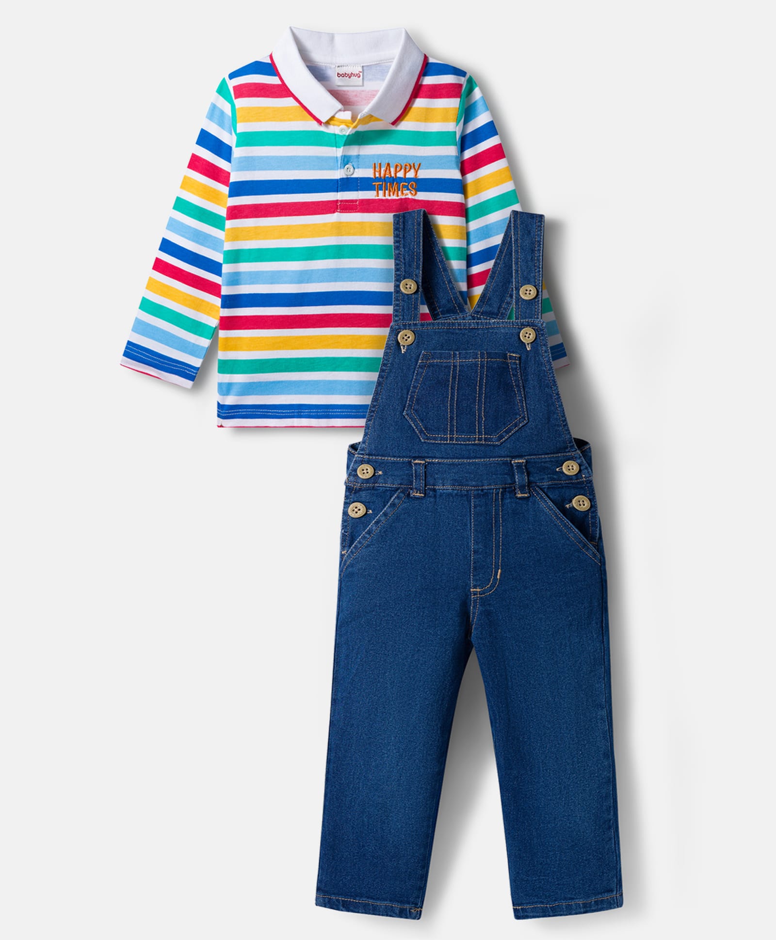 Babyhug Terry Knit Denim Dungaree with Full Sleeves Striped Inner Tee - Multicolor-image-8