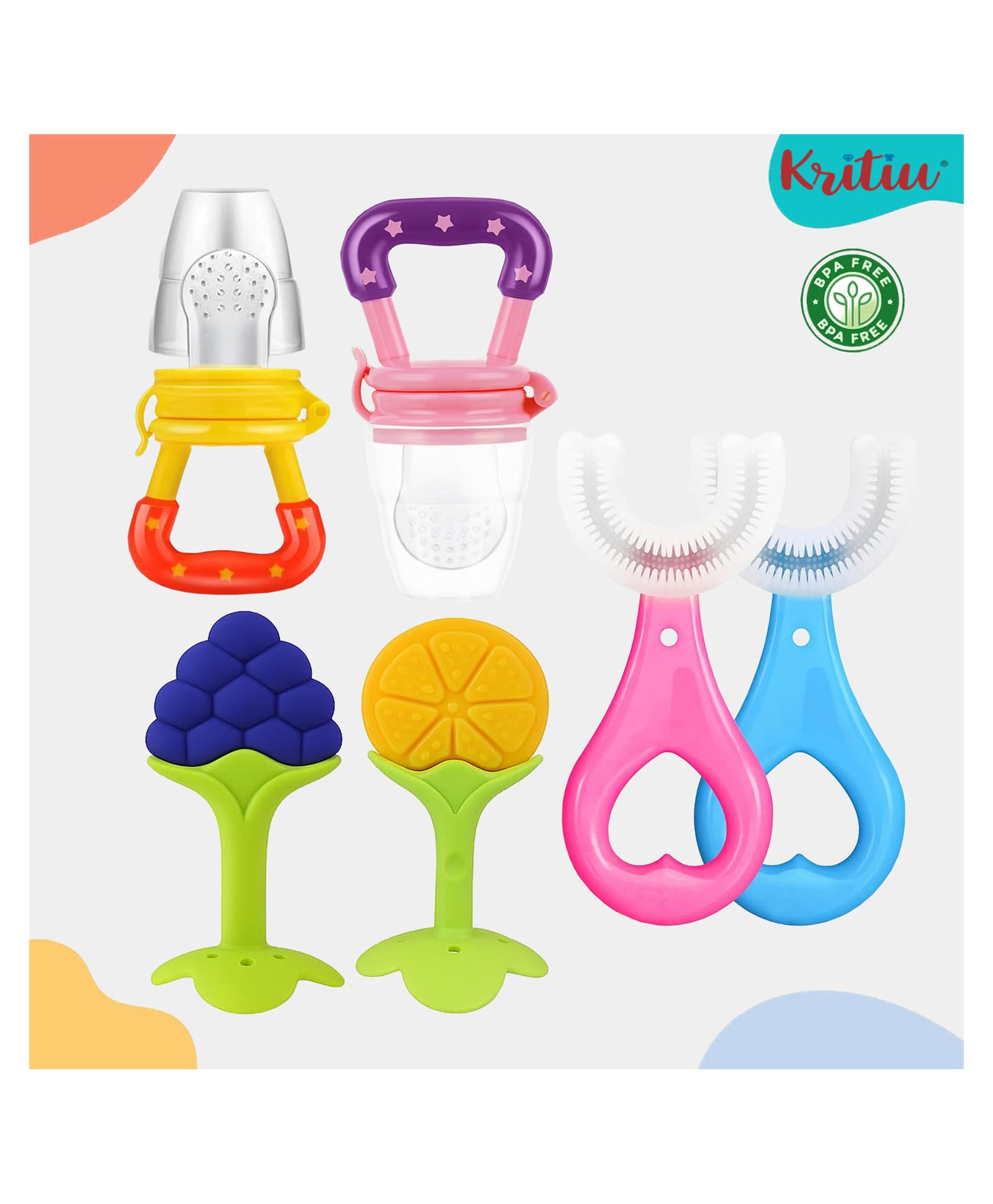 Kritiu Baby 2 Soft Fruit Shape Silicone Teethers With 2 Fruit Soothers Nibblers And 2 U-Shape Toothbrushes BPA Free- Pack of 6 (Multicolor)-picture-47