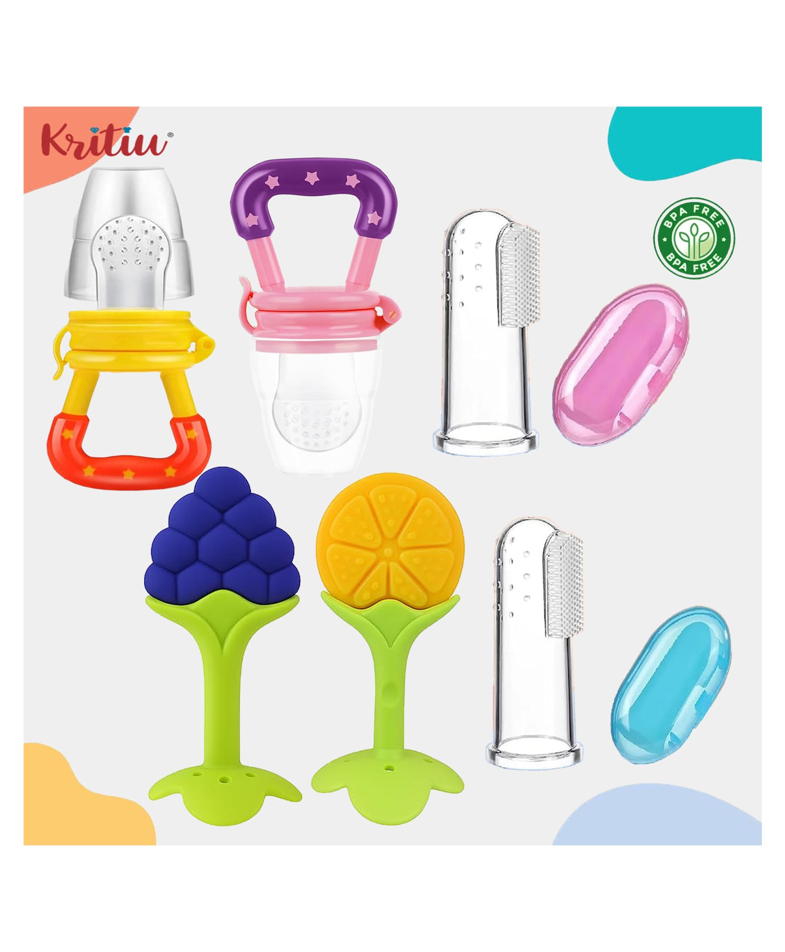 Kritiu Baby 2 Fresh Fruit Food Soother Nibblers With 2 Silicone Teethers And 2 Finger Toothbrushes BPA Free- Pack of 6 (Multicolor)-image-44