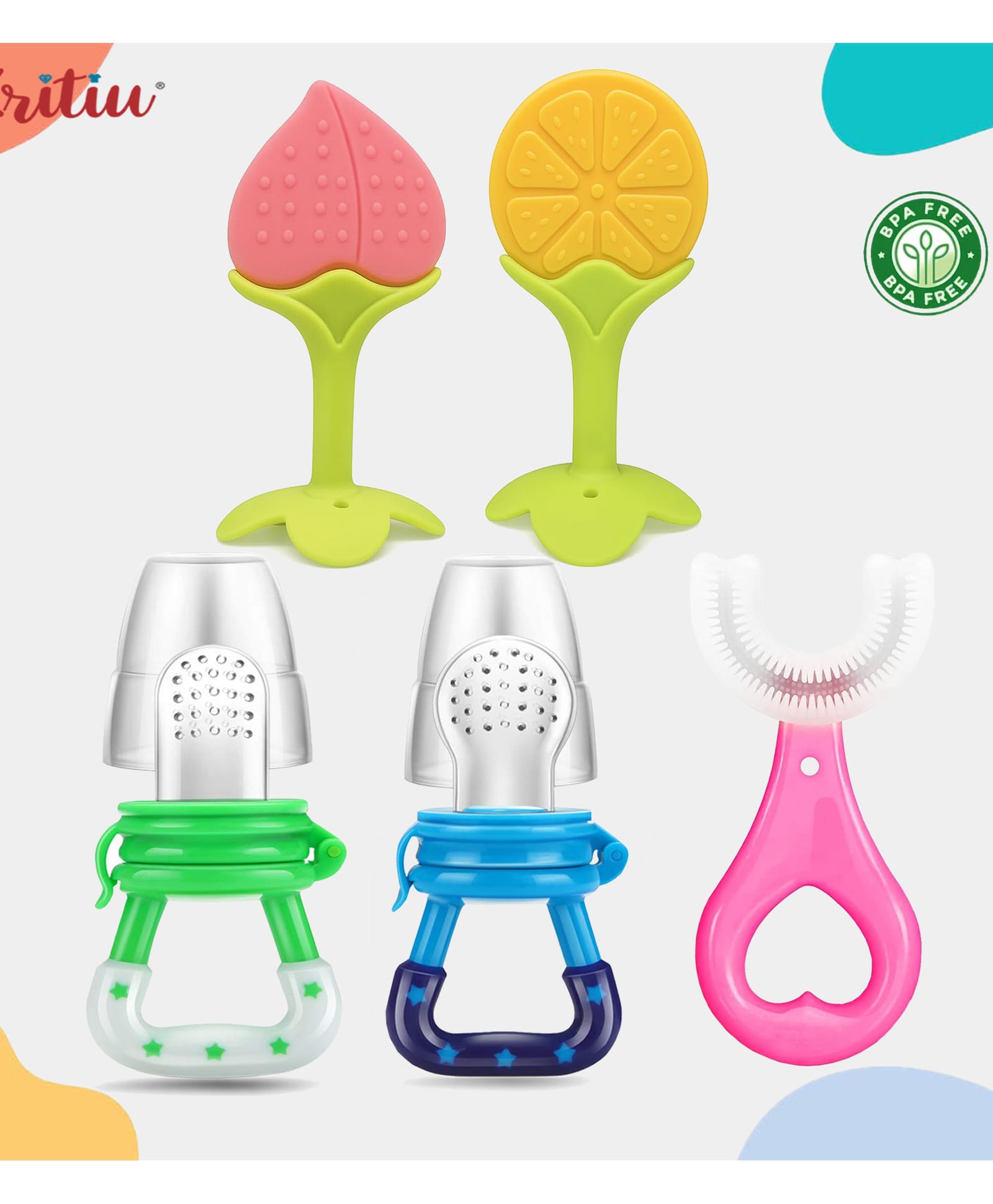 Kritiu Baby 2 Soft Silicone Teethers With 2 Fruit Soother Nibblers And 1 U-Shap Toothbrush BPA Free- Pack of 5 (Multicolor)-picture-48
