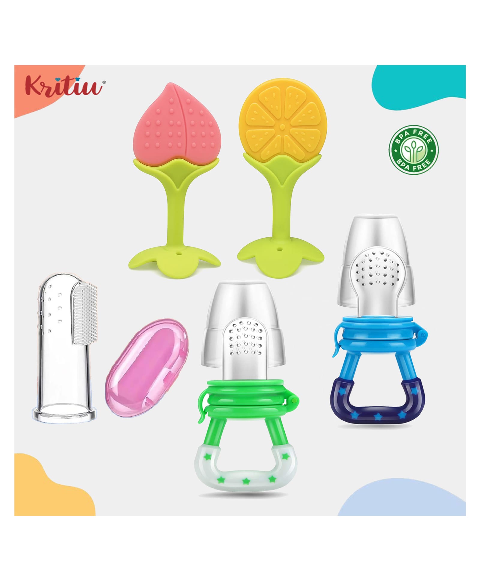 Kritiu Baby 2 Soft Silicone Teethers With 2 Fruit Soother Nibblers And 1 Finger Toothbrush BPA Free- Pack of 5 (Multicolor)-picture-43