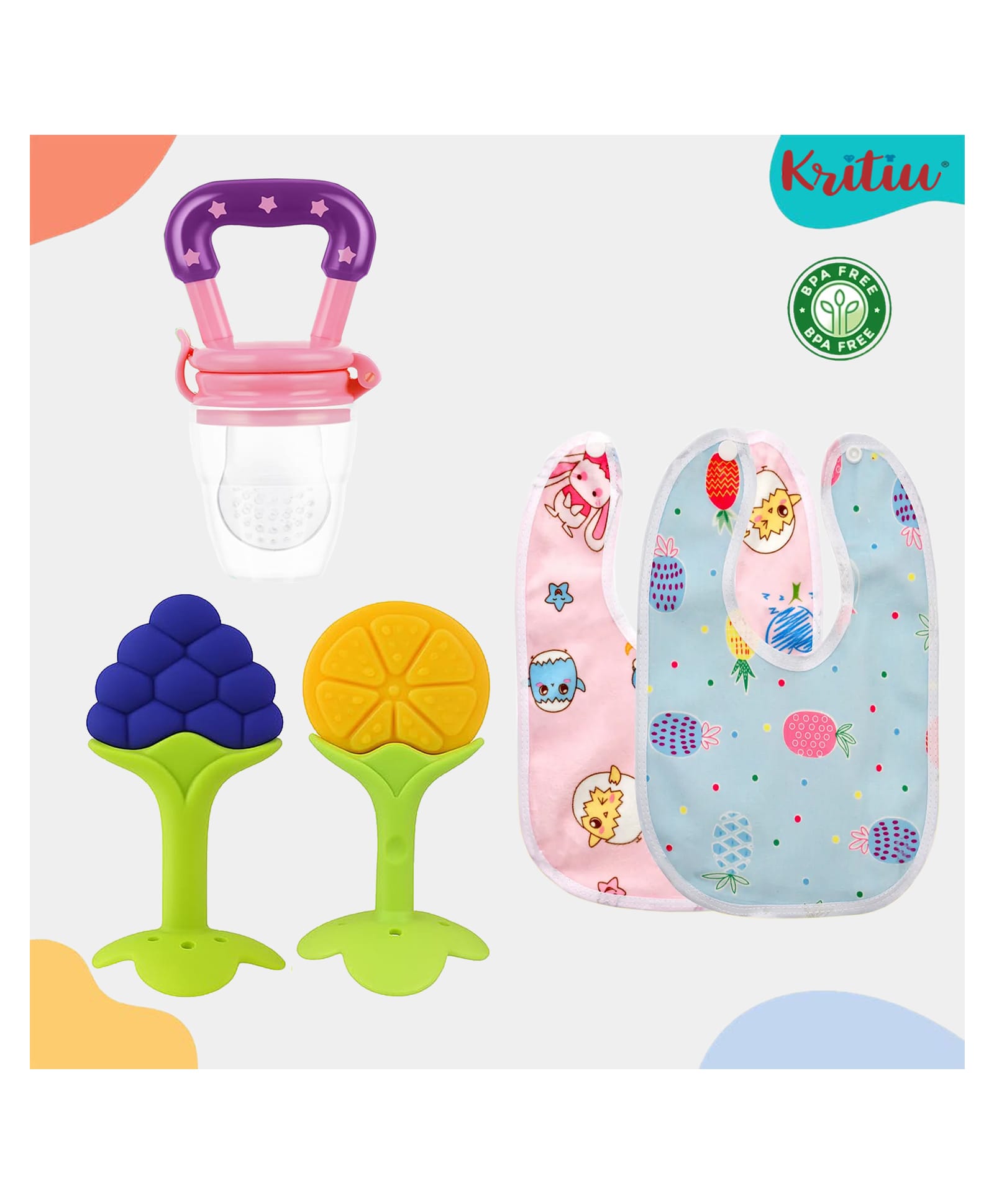 Kritiu Baby 1 Fruit Nibbler| 2 Soft Silicone Teethers And 2 Cotton Bib Aprons BPA Free-Pack of 5 (Multicolor)-picture-46