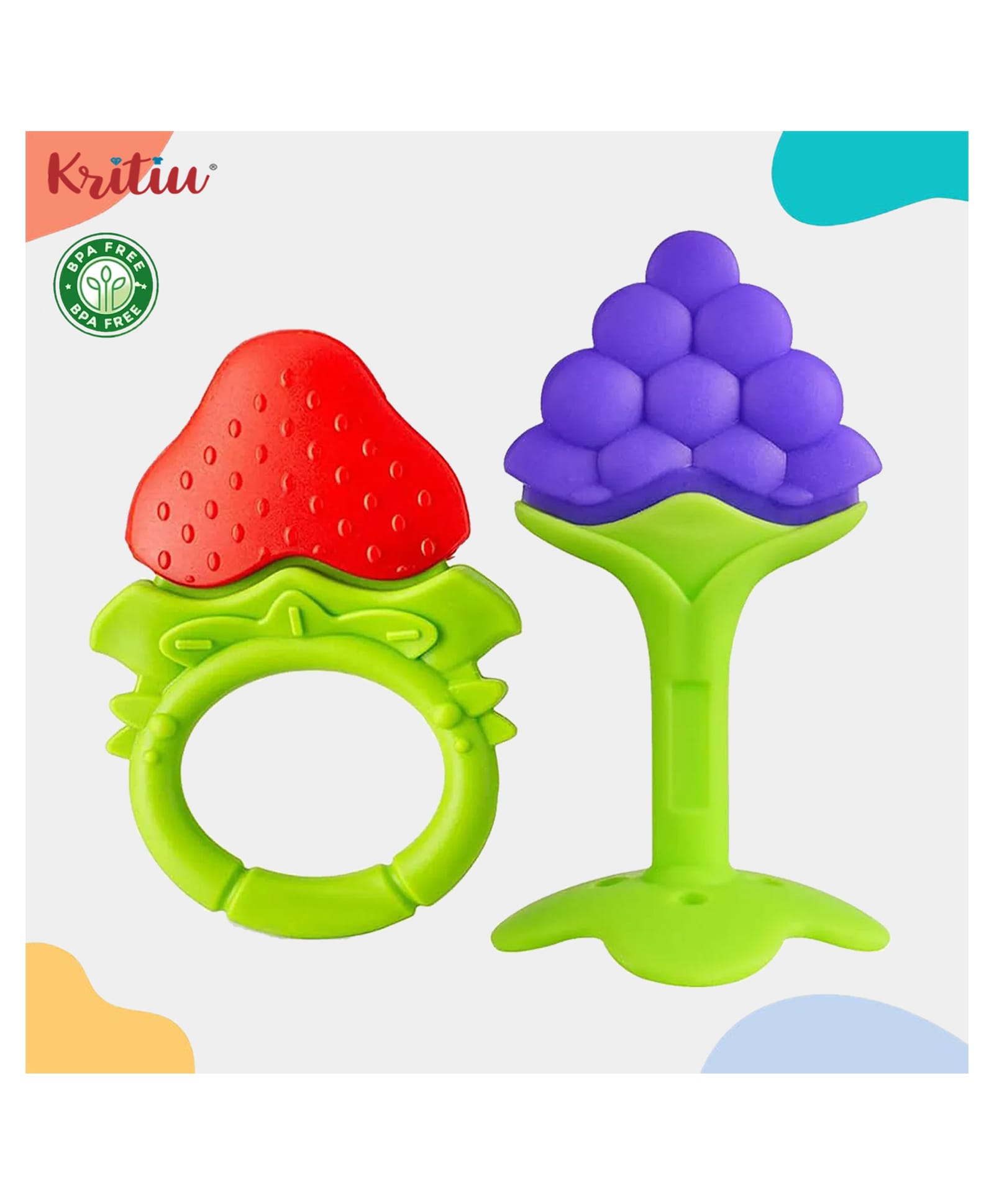 Kritiu Baby Fruit Shape Soft Silicone Teething Teethers Hygienic Silicone Colorful Chew Toy for Teething Relief BPA Free- Pack of 2 (Red,Blue)-image-6