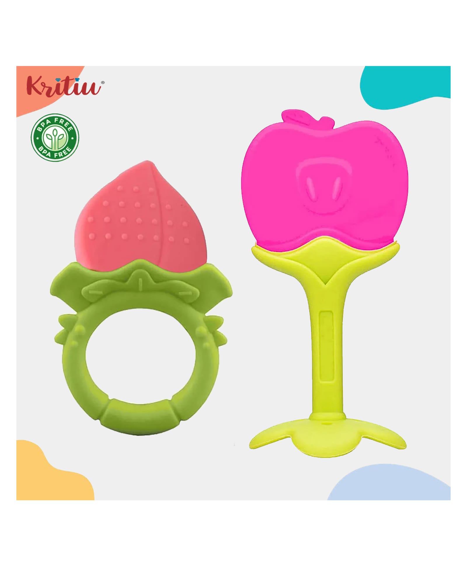Kritiu Baby Soft Silicone Teethers Fruit Shape Hygienic Colorful Chewable Bendable Teething Pain Relief for Newborns BPA Free- Pack of 2 (Pink,Peach)-picture-25