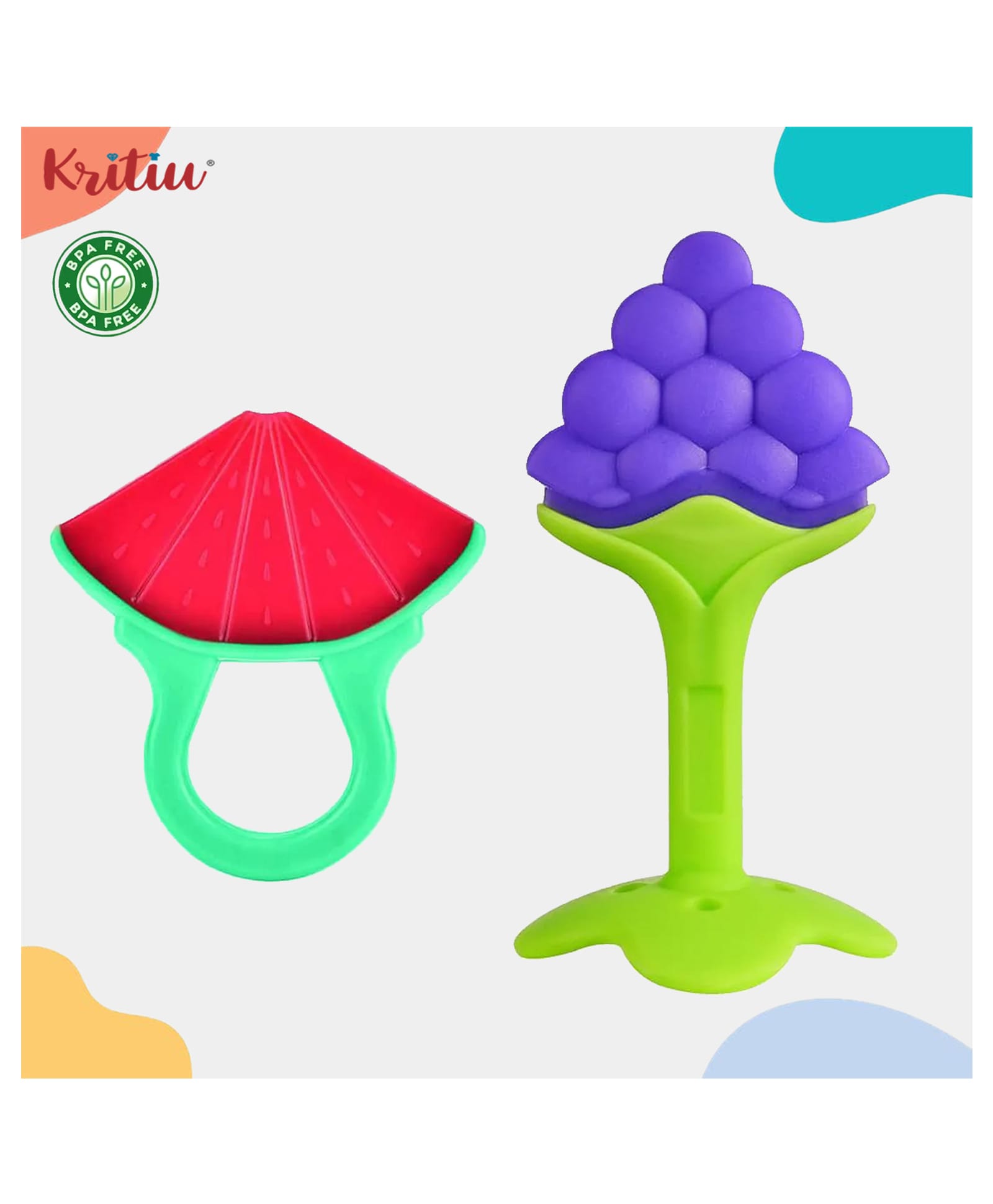 Kritiu Baby Colorful Soft Silicone Teethers Chewable for Teething Pain Relief for Newborns BPA Free 6 to 12 Months-Pack of 2 (Red,Blue)-picture-32