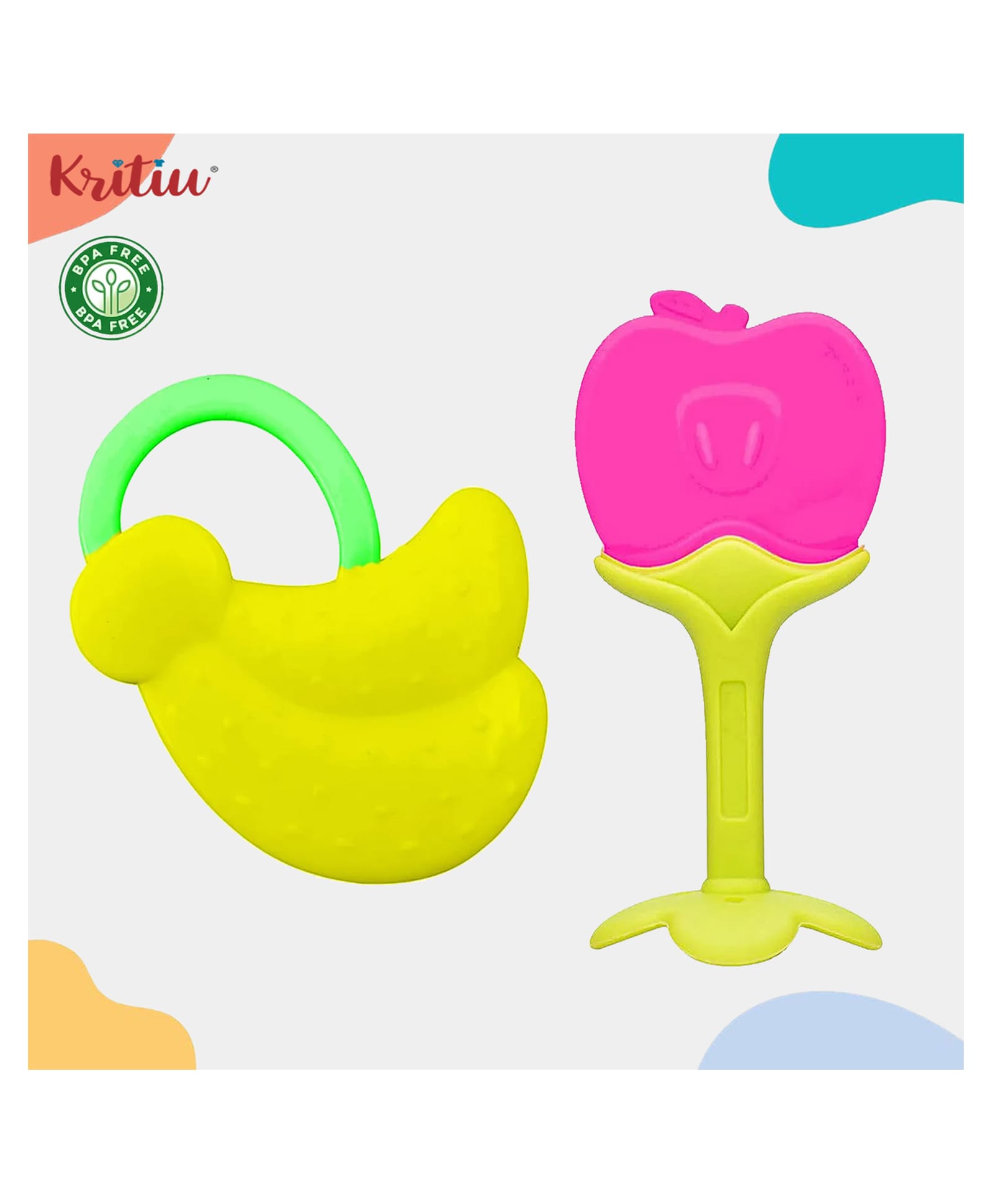 Kritiu Baby Soft Silicone Teethers Fruit Shape Hygienic Colorful Chewable Bendable Teething Pain Relief for Newborns BPA Free- Pack of 2 (Yellow,Pink)-picture-38