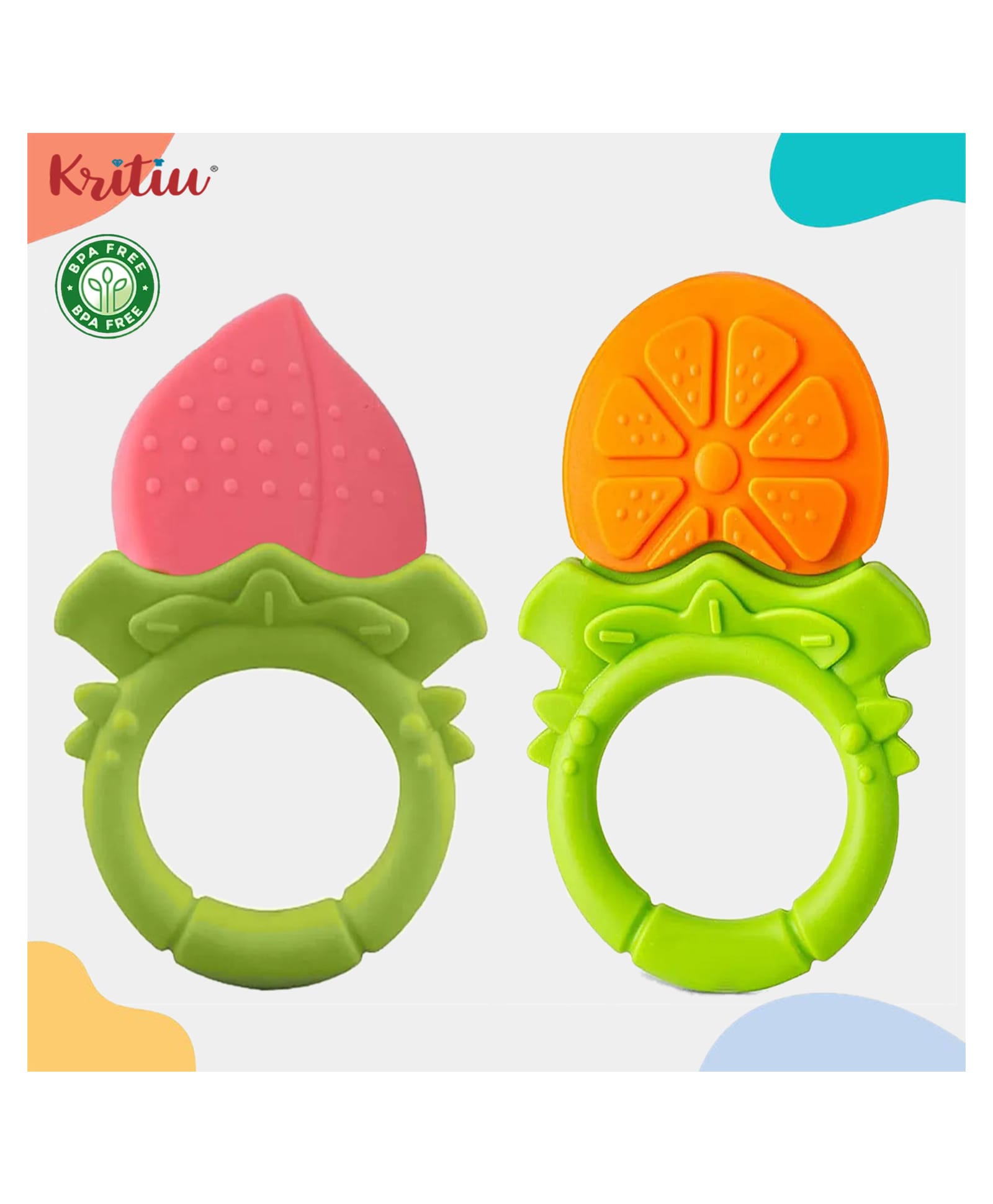 Kritiu Baby Soft Silicone Attractive Designs Molar Teethers Hygienic Chew for Pain Relief for Newborns BPA Free- Pack of 2 (Peach,Yellow)-picture-39