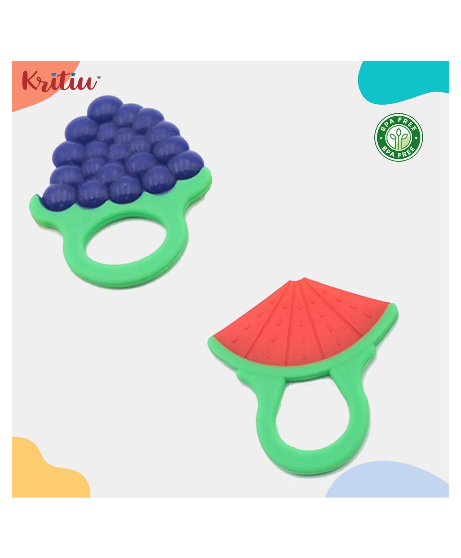 Kritiu Pack of 2 Baby Silicone Fruit Shape Teethers Chew Toy for Teething Pain Relief for Newborns BPA Free (Red,Blue)-picture-34