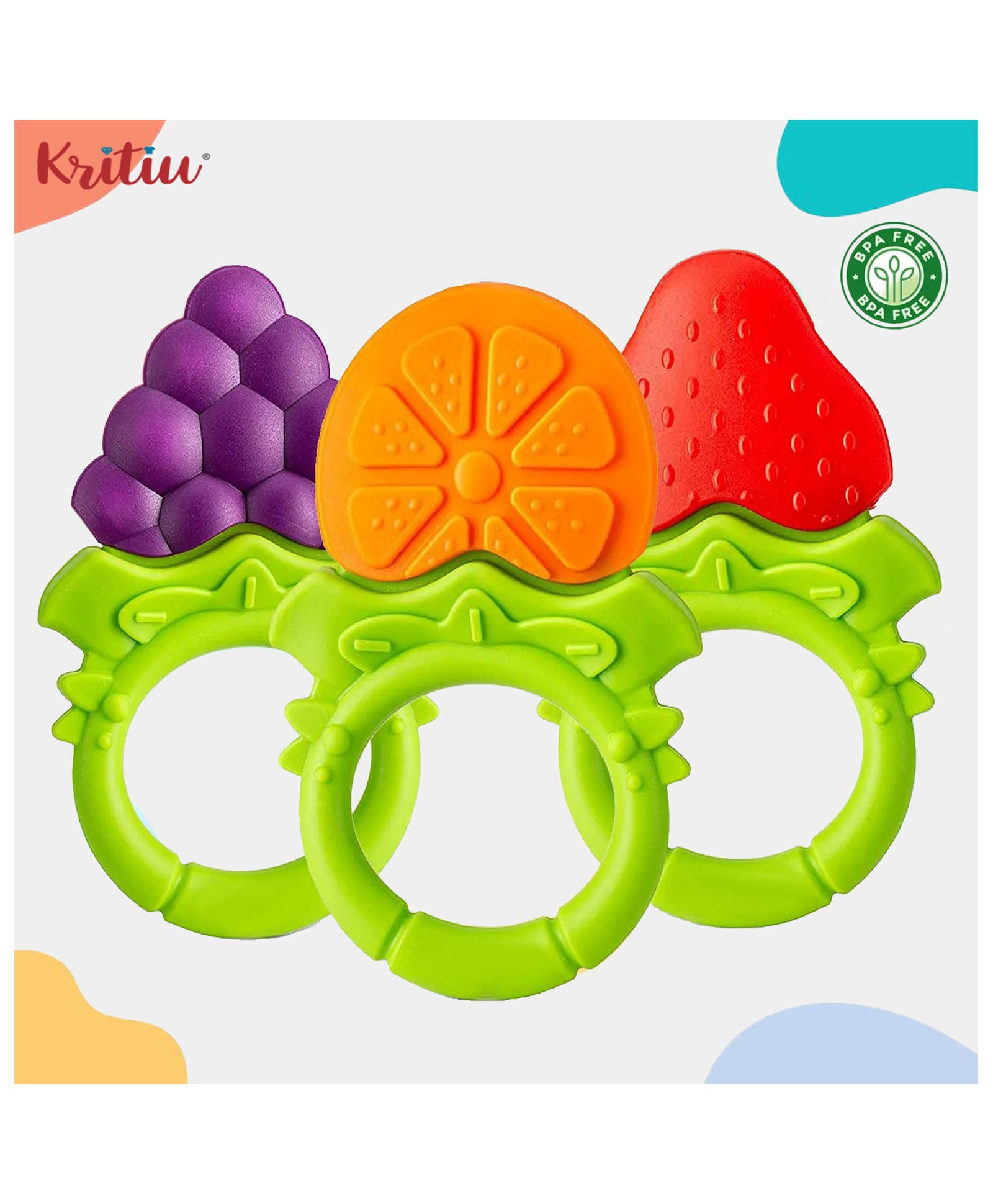 Kritiu Pack of 3 Baby Soft Silicone Fruits Shaped Teether Teething Toys for Baby Textured Molar Teeth Massage BPA Free-picture-48