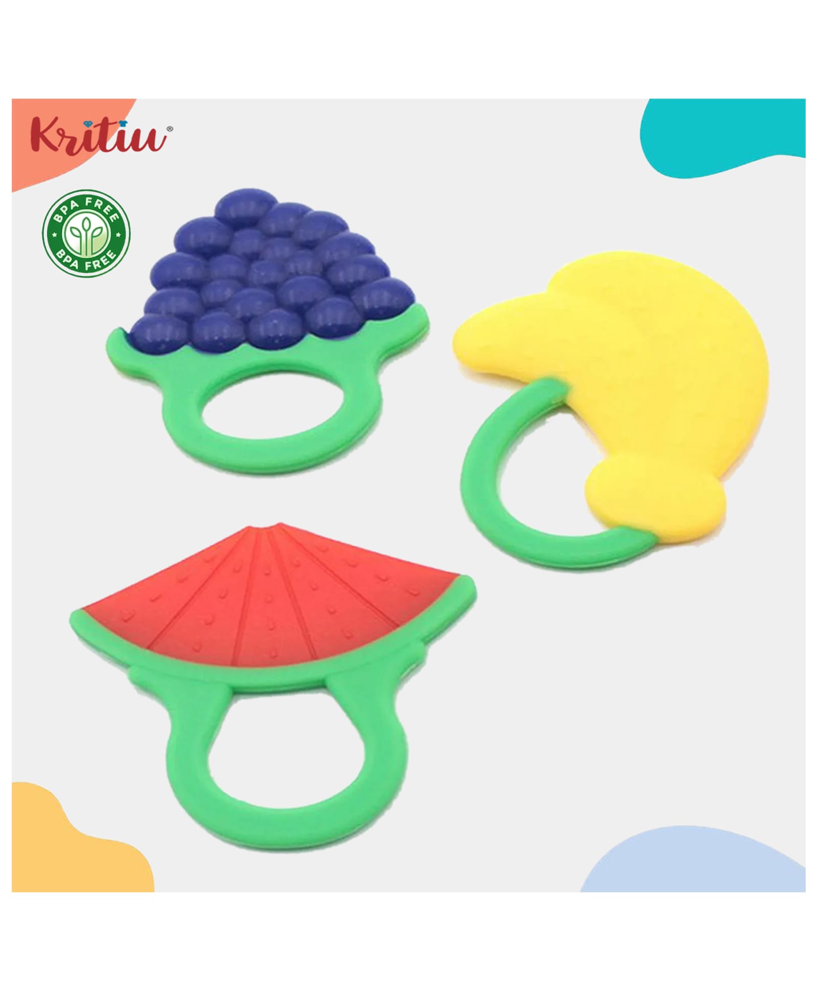 Kritiu Pack of 3 Baby Soft Silicone Teethers Hygienic Silicone Colorful Chew Teething Pain Relief BPA Free 6 to 12 Months (MULTI-COLOURS)-picture-35