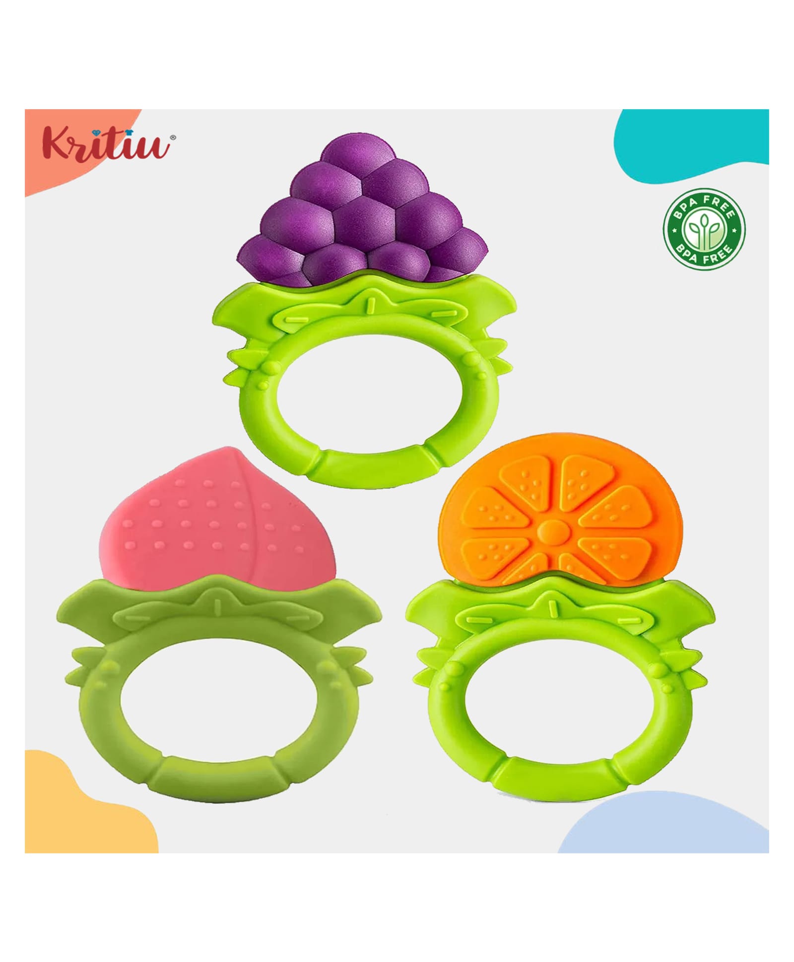 Kritiu Pack of 3 Baby Soft Silicone Teethers Hygienic Silicone Colorful Chew Teething Pain Relief BPA Free 6 to 12 Months (MULTI-COLOURS)-picture-37