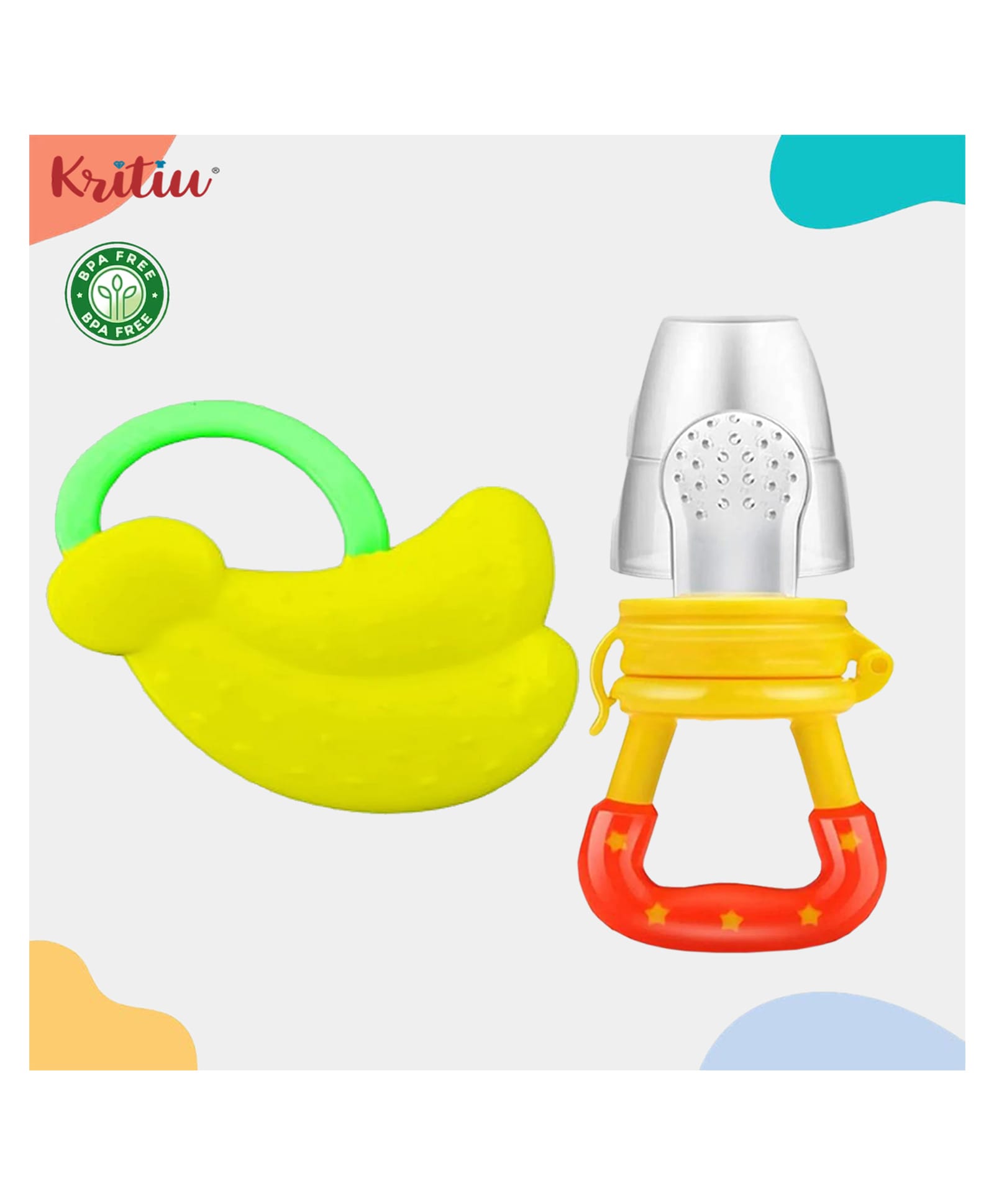 Kritiu Baby Soft Silicone Fruit Shape Standing Teething Toy With Fruit Vegetable Food Feeder Nibbler Teether BPA Free-Pack of 2 (YELLOW)-picture-27