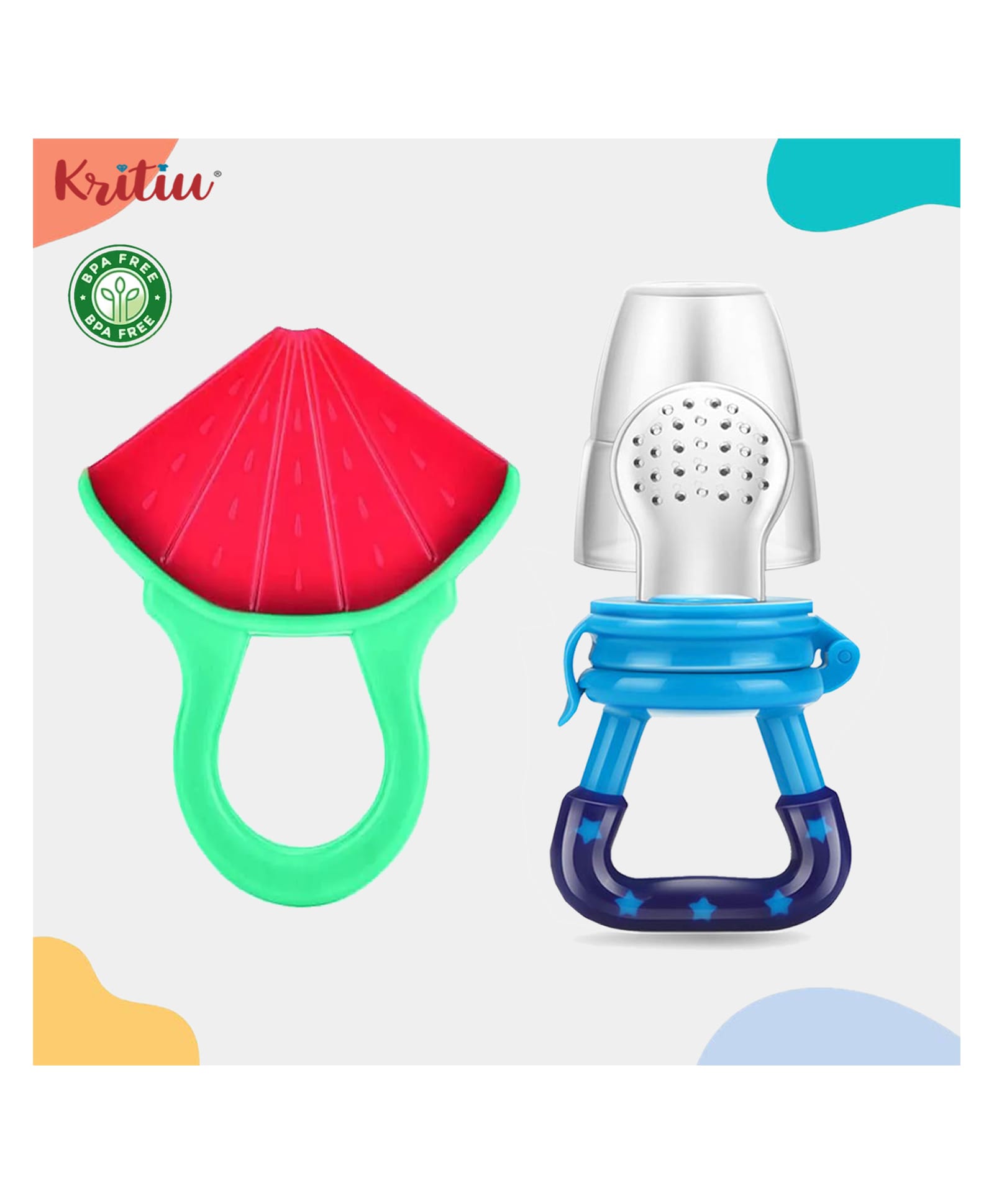 Kritiu Baby Soft Silicone Fruit Shape Standing Teething Toy With Fruit Vegetable Food Feeder Nibbler Teether BPA Free-Pack of 2 (Red, Blue)-picture-28