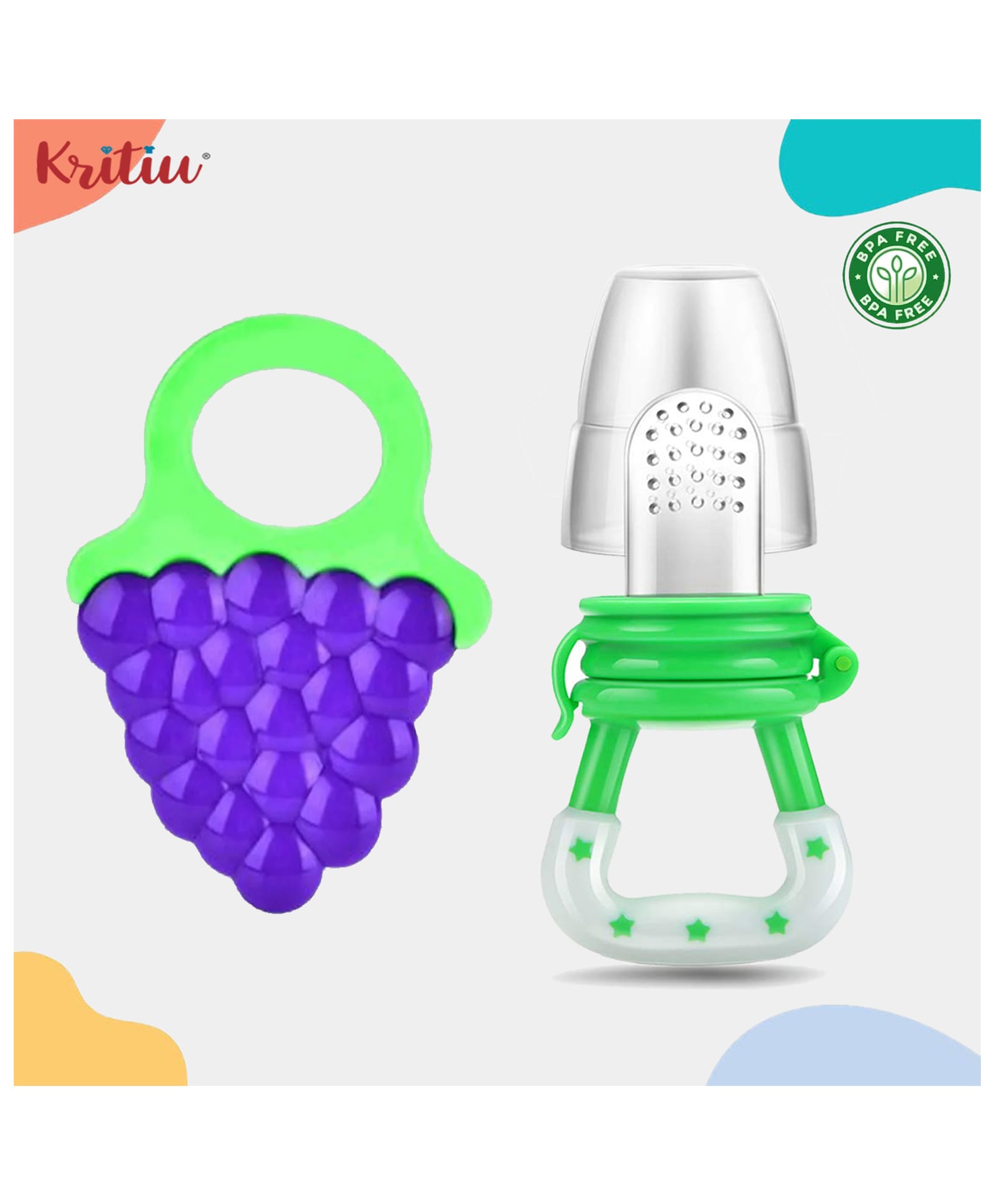 Kritiu Baby Soft Silicone Fruit Shape Standing Teething Toy With Fruit Vegetable Food Feeder Nibbler Teether BPA Free-Pack of 2 (Green, Blue)-picture-30