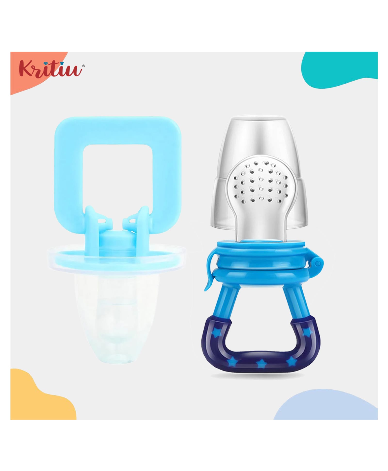 Kritiu Baby Ultra Light Soft Silicone Nipple Pacifier With Vegetable Fruit Feeder Nibbler Sucker BPA-Free Teether Soother for Babies-Pack of 2 (Blue)-picture-23