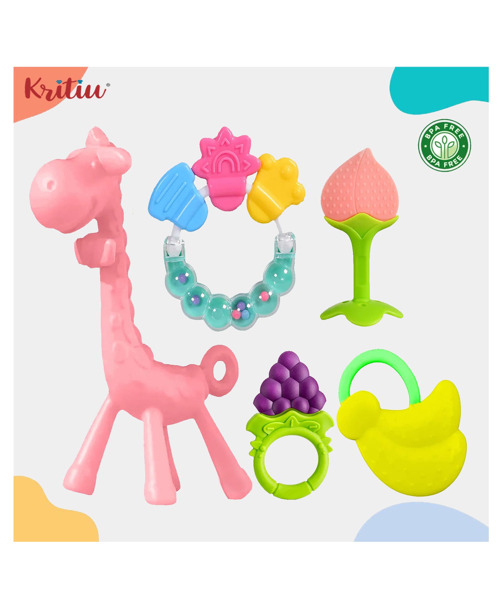 Kritiu Baby Premium 3 Soft Silicone Molar Teether With 1 Giraffe Shape Teething Toys And 1 Ring Rattle Teether BPA Free - Pack of 5 (Pink)-picture-24