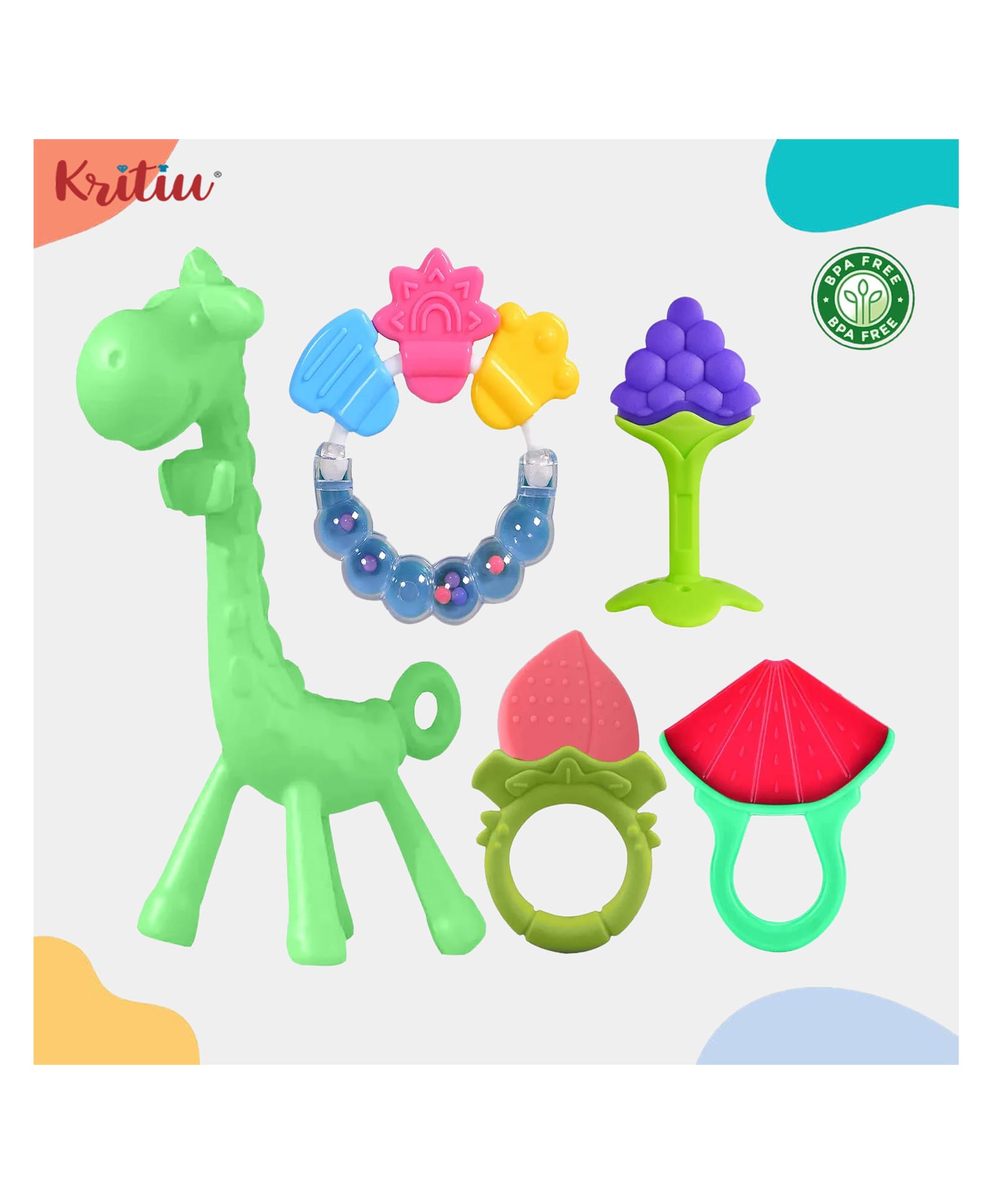 Kritiu Baby 1 Soft Silicone Giraffe Shape Teething Toys | 3 Fruit Shape Textured Molar Teeth Teether | 1 Ring Shape Rattle Massage for Infants Dental Care BPA Free - Pack of 5 (Green)-picture-26