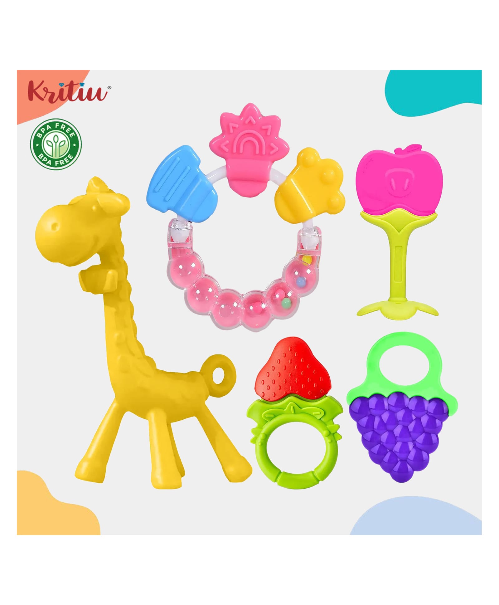 Kritiu Baby Premium 3 Fruit Shape Soft Silicone Molar Teether With 1 Giraffe Shape Teething Toys And 1 Ring Rattle BPA Free- Pack of 5 (Yellow)-picture-29