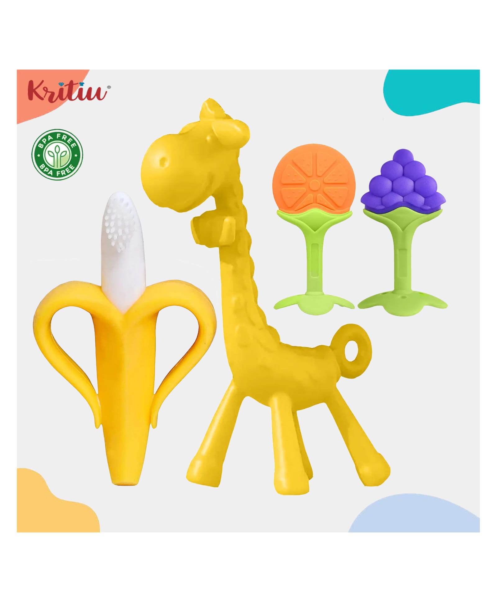 Kritiu Baby Silicone 1 Giraffe Teether|1 Soft Bristle Banana Toothbrush And 2 Fruit Shape Teethers BPA Free - Pack of 4 (Yellow,Blue)-picture-40