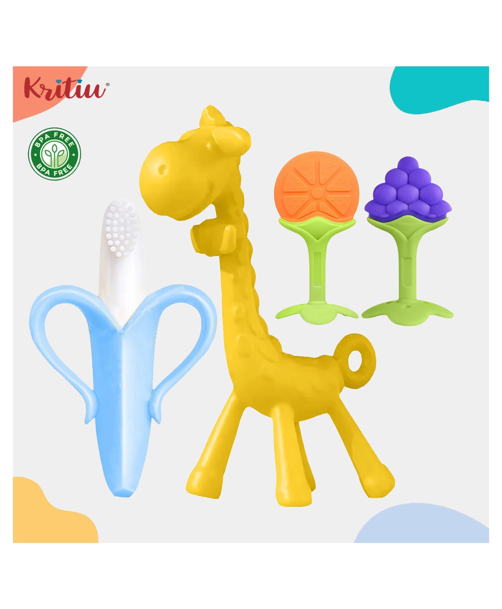 Kritiu Baby Silicone 1 Giraffe Teether| 1 Soft Bristle Banana Toothbrush and 2 Fruit Shape Teethers BPA Free - Pack of 4 (Multi-colours)-picture-31