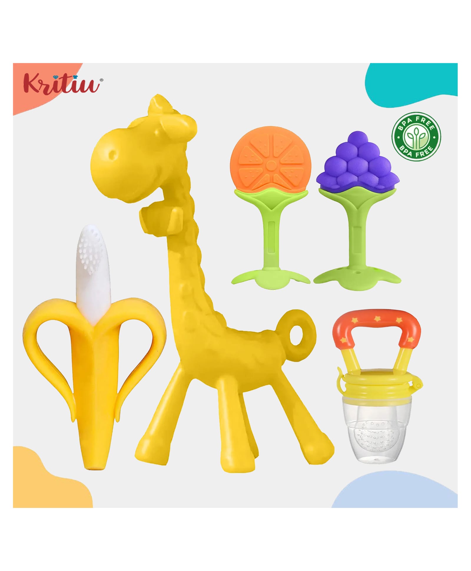 Kritiu Baby Silicone 1 Giraffe Teether | 1 Banana | 2 Fruit Shape Teether & 1 Fruit Nibbler Teether Feeder For Oral Dental Care BPA Free - Pack of 5 (YELLOW)-picture-22