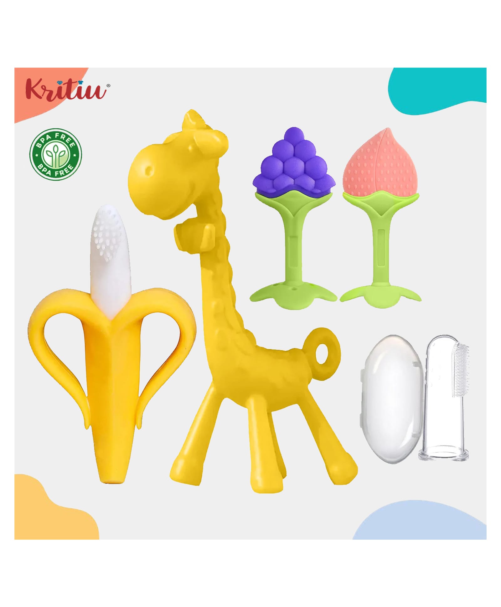 Kritiu Baby Silicone 1 Giraffe Teether | 1 Banana | 2 Fruit Shape Teether & 1 Finger Toothbrush BPA Free - Pack of 5 (Multicolours)-picture-41