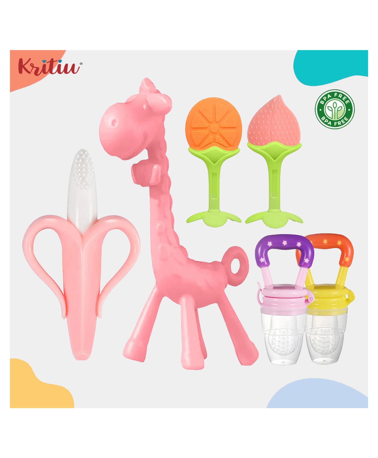 Kritiu Baby 1 Silicone Giraffe Teether| 1 Banana| 2 Fruit Shape Teether & 2 Fruit Nibblers Soothers Teether Feeder For Oral Dental Care BPA Free-Pack of 6-picture-21