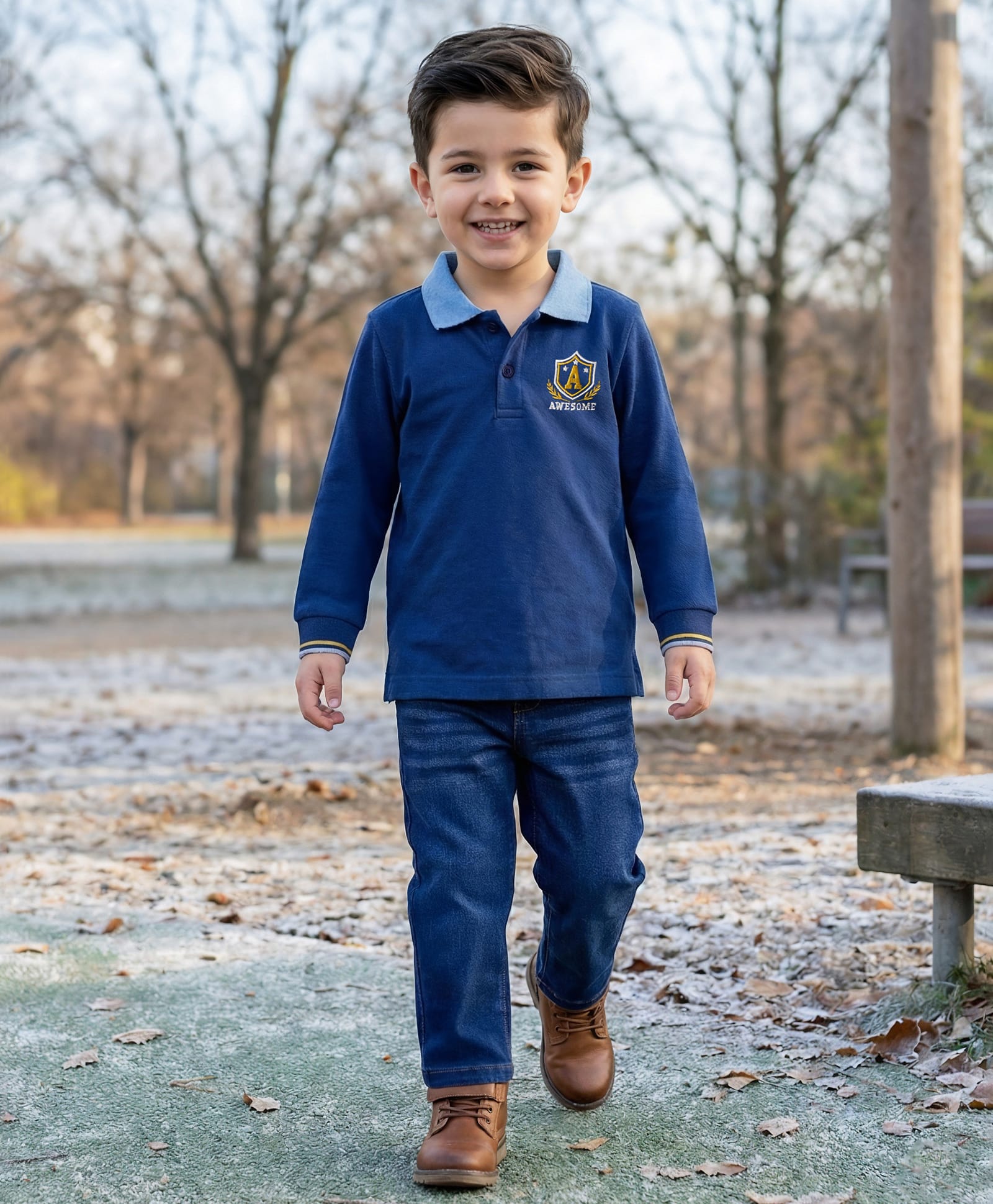 Babyhug Terry Knit Full Sleeves T-Shirt & Denim Jeans Set With Text Embriodery - Blue-image-25